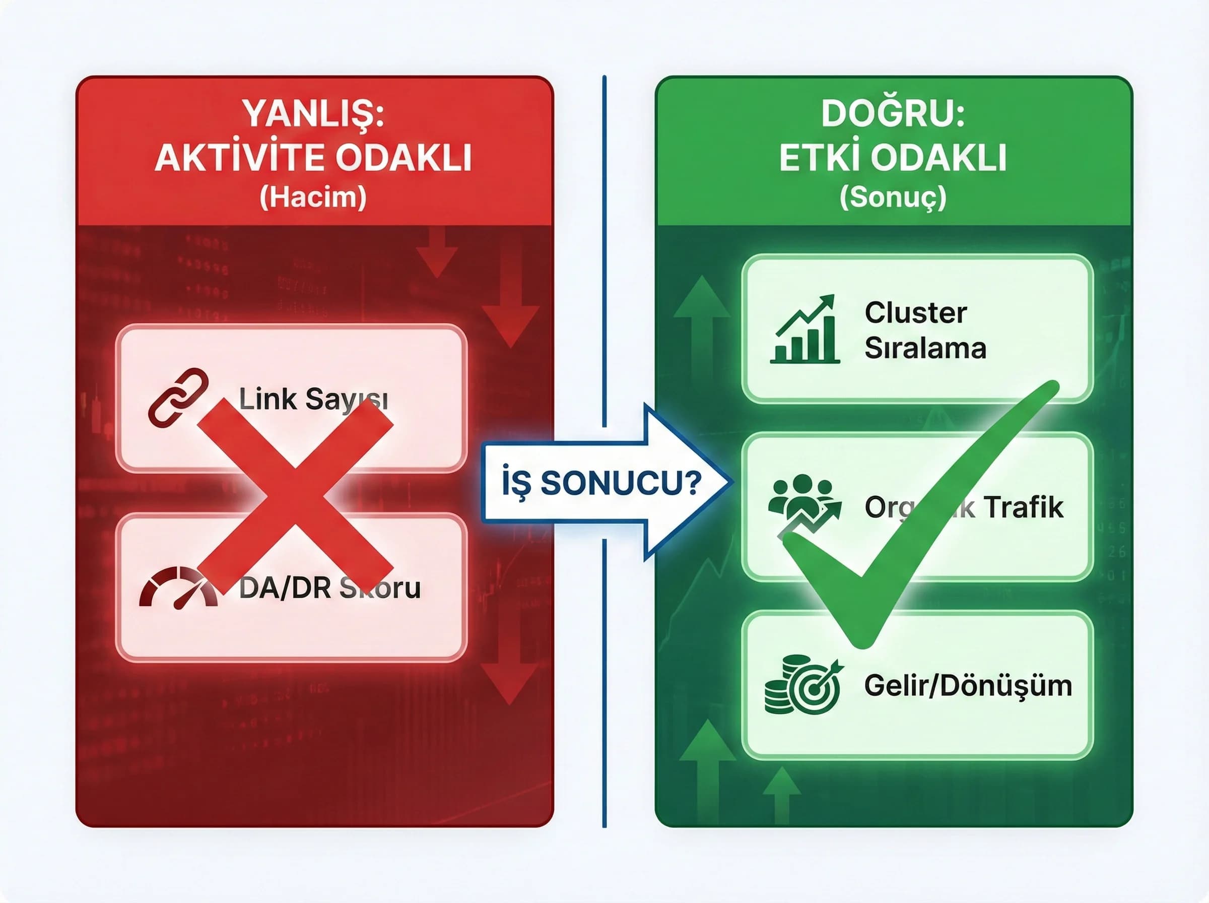 Aktivite ve etki KPI ayrımı, backlink ölçüm rehberi