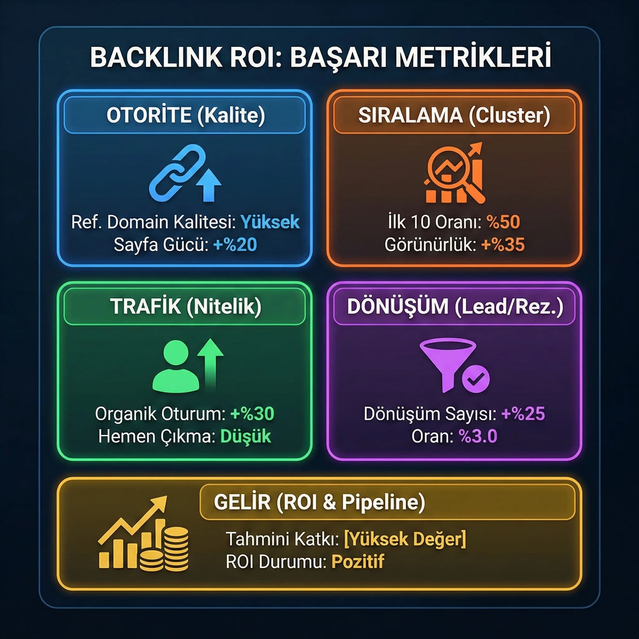 Backlink ROI KPI paneli, otorite sıralama trafik dönüşüm gelir