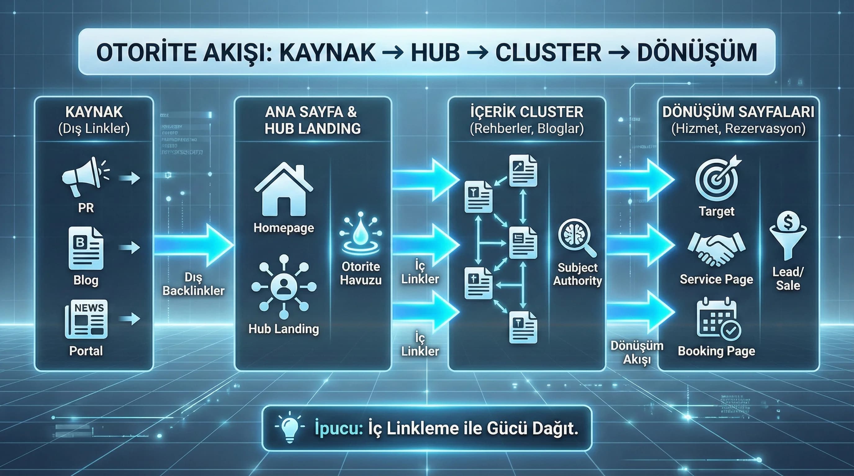 Otorite akışı modeli: ana sayfa hub cluster dönüşüm sayfaları