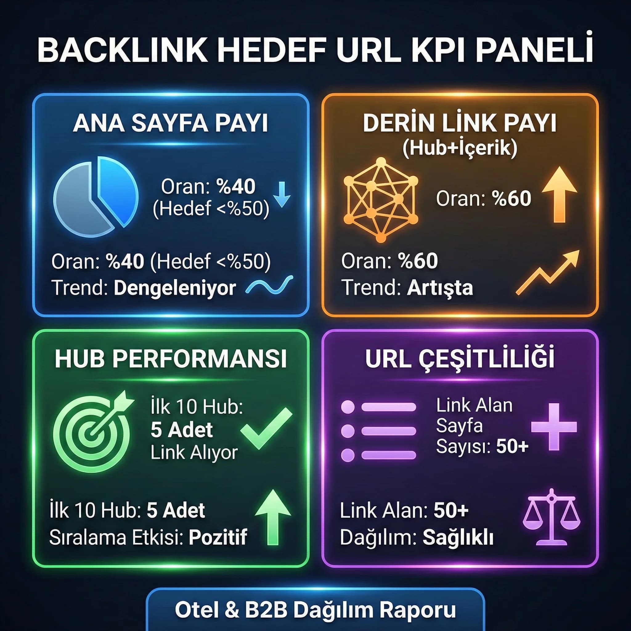 Backlink hedef URL KPI paneli, ana sayfa payı ve derin link payı