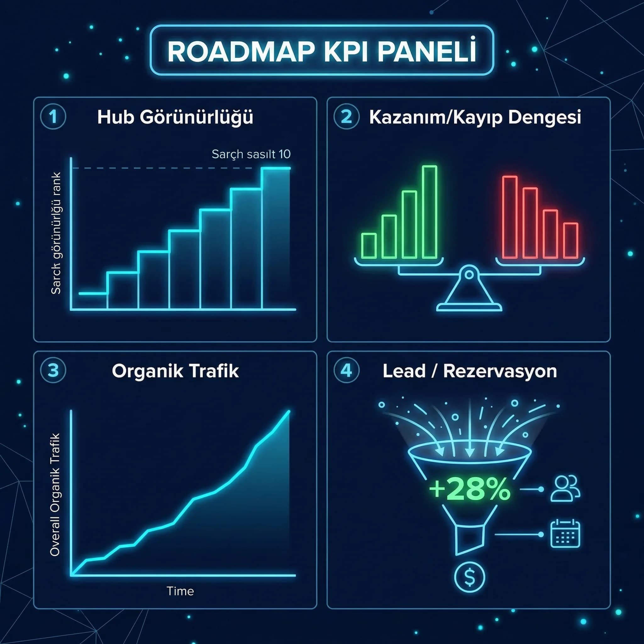 Roadmap KPI kartı: hub görünürlük, gain-loss, dönüşüm ve gelir