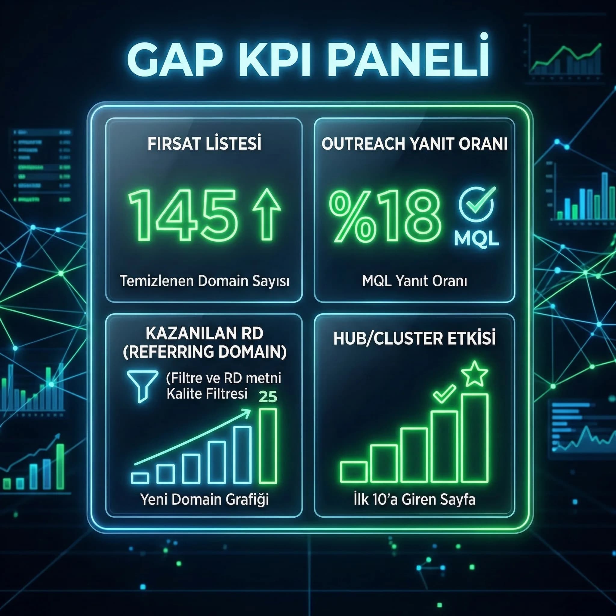 Gap KPI paneli, yanıt oranı ve otorite etkisi ölçümü