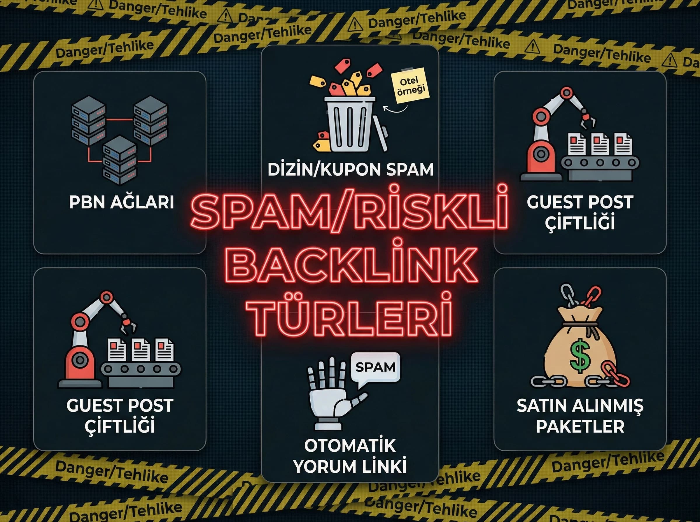 Spam backlink türleri, otel ve B2B risk örnekleri ayracı