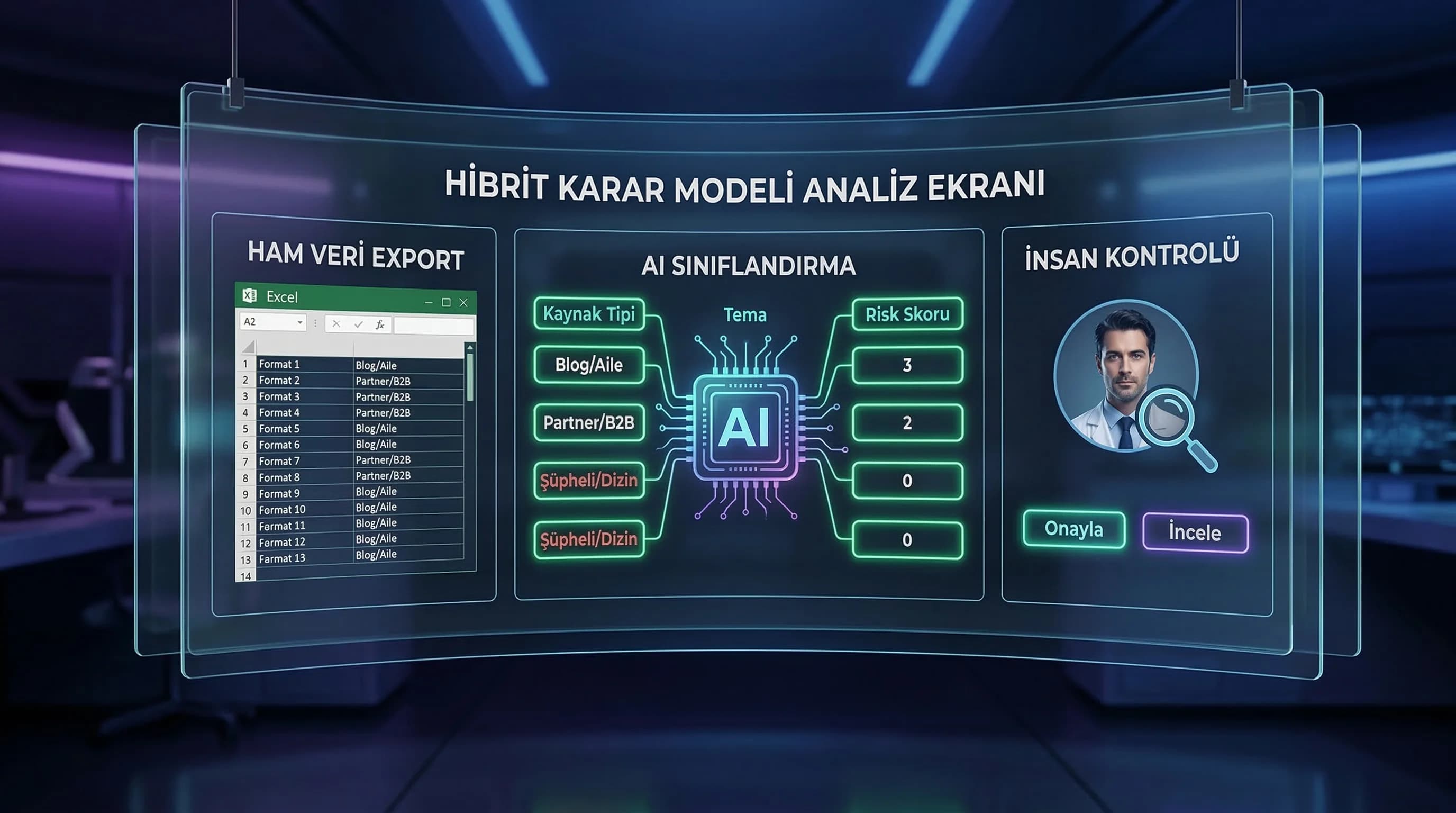 AI analiz ekranı mockup’ı, hibrit karar süreci ve kalite filtresi