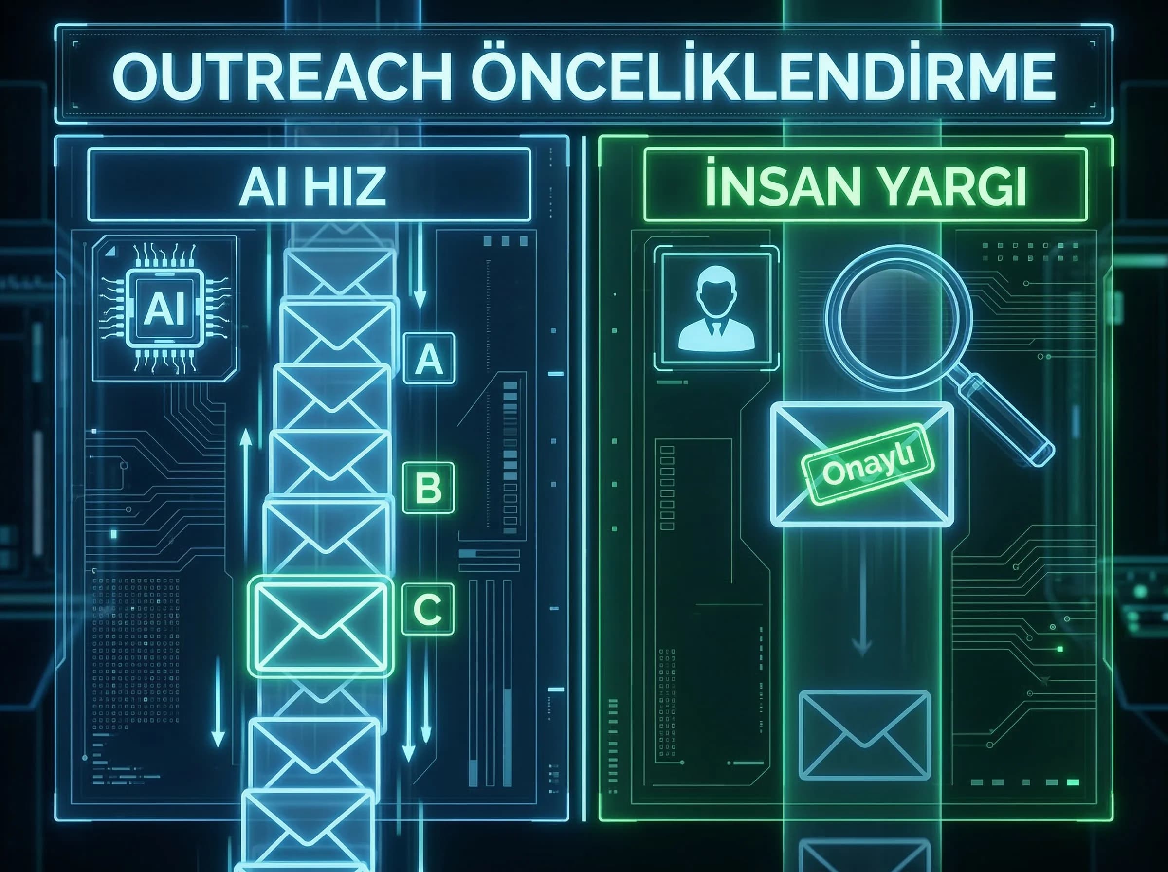 Hibrit workflow diyagramı: AI skor, insan denetim, outreach ve ölçüm