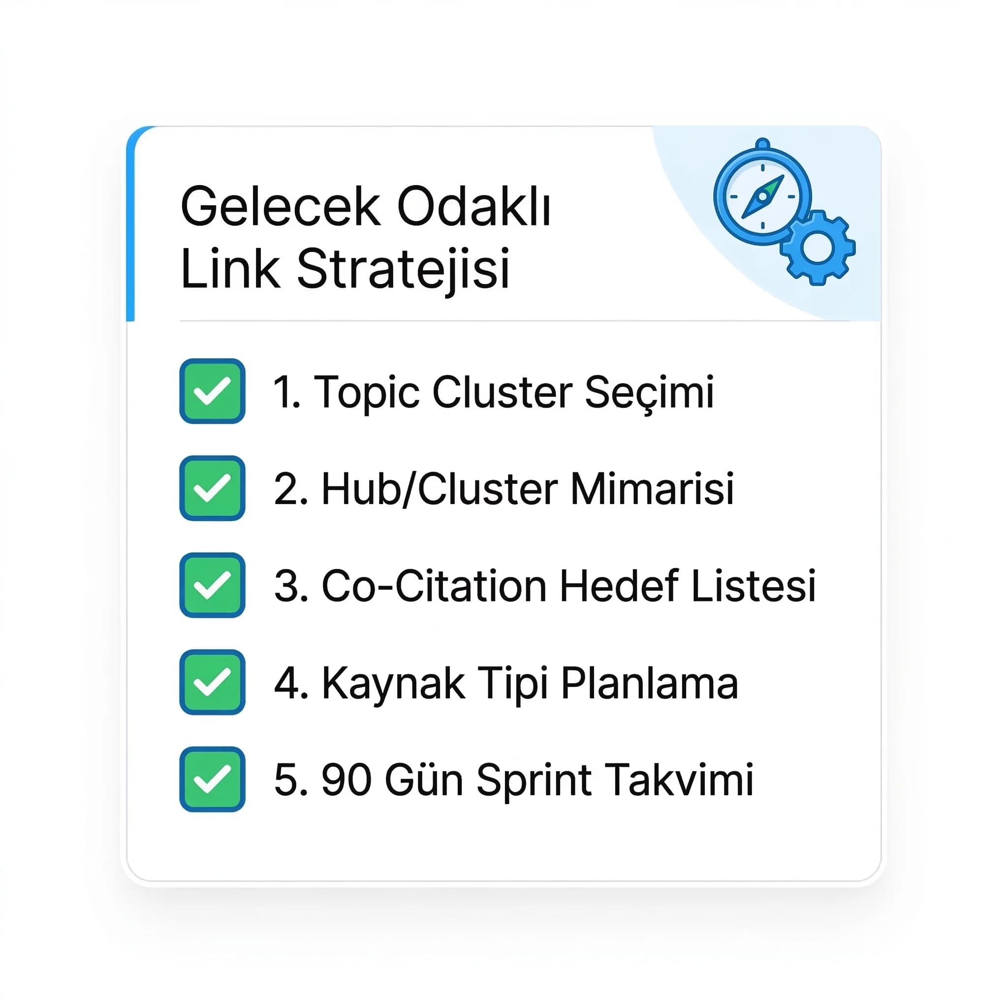 Gelecek odaklı link stratejisi checklist kartı, entity ve topic aksiyonları