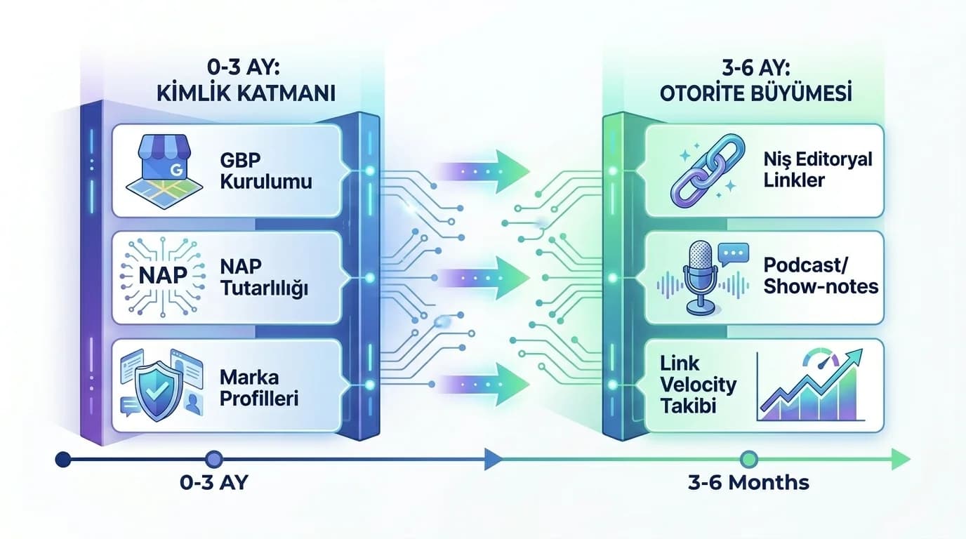 0–3 ay ve 3–6 ay off-page roadmap diyagramı, zaman ekseni