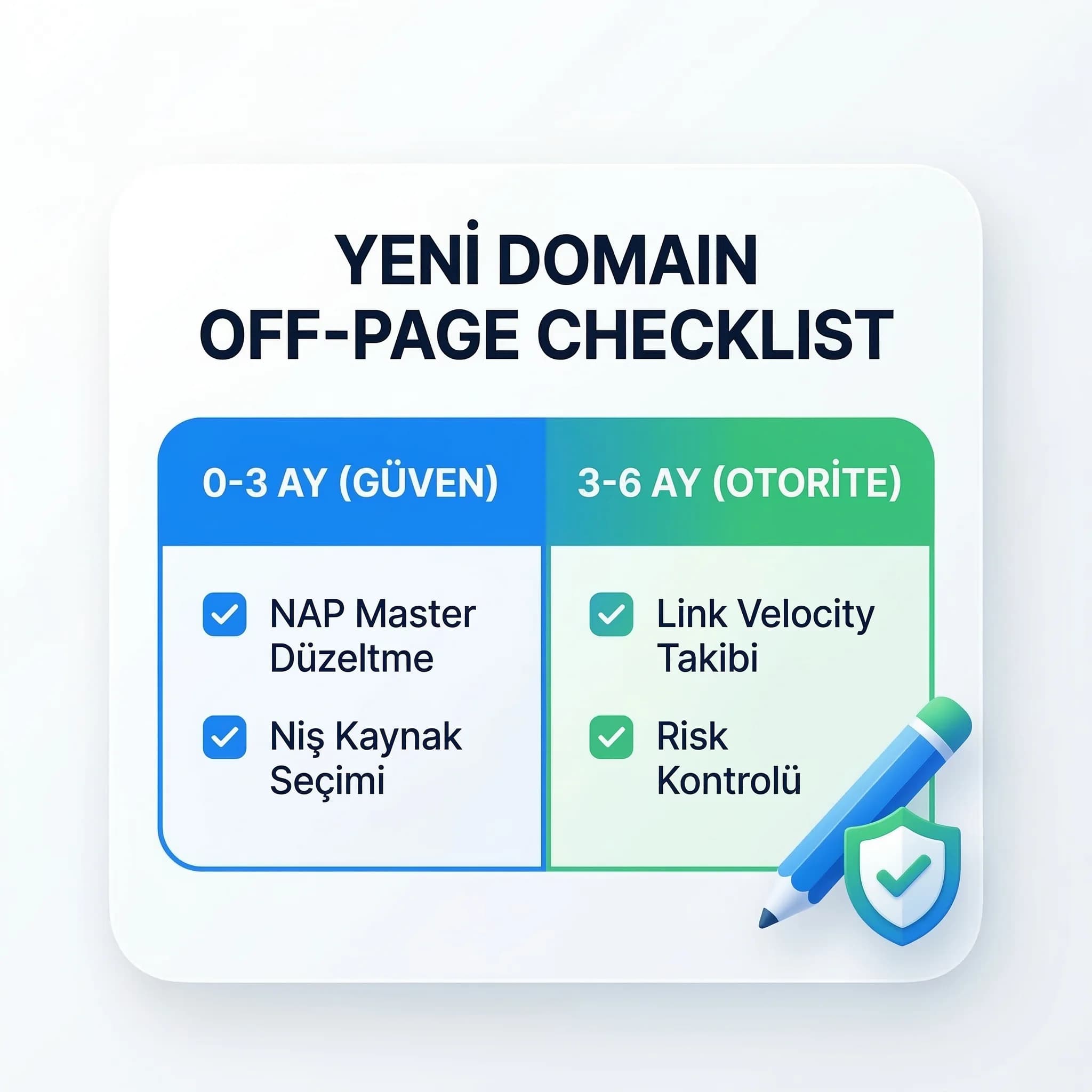 Yeni domain off-page checklist kartı, güven ve link büyümesi adımları