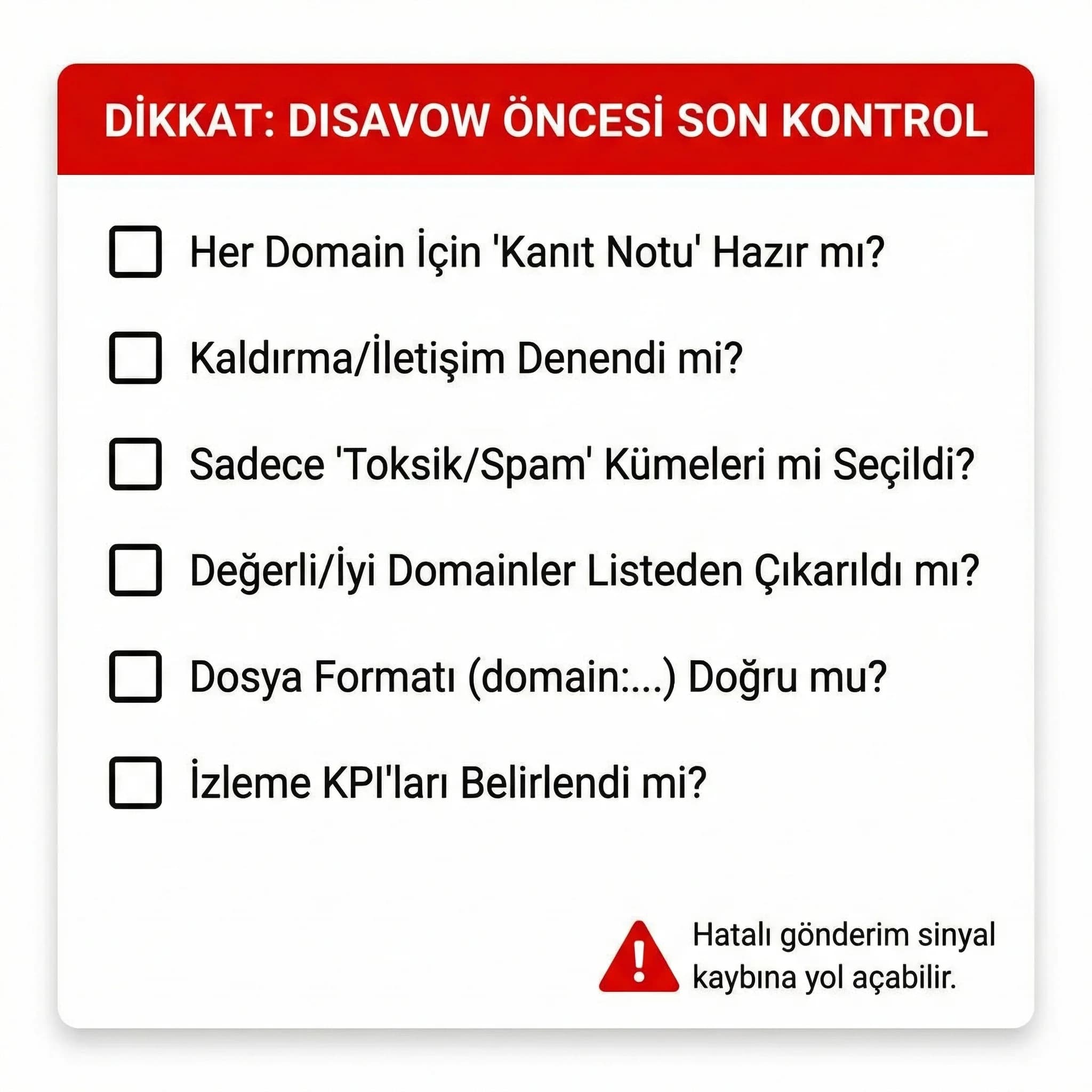 Disavow öncesi yapılacaklar checklist’i, güvenli audit kartı