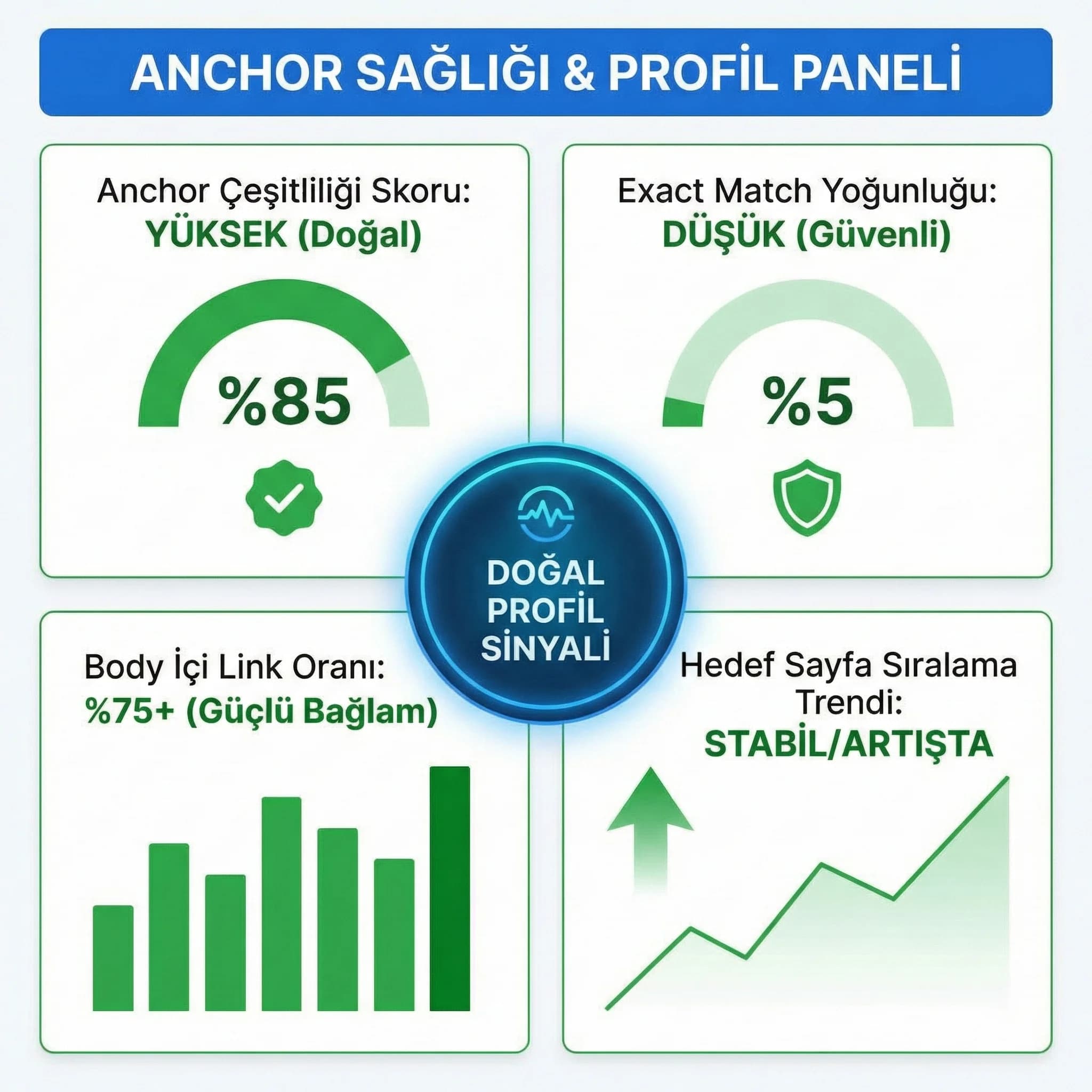 Anchor sağlığı KPI paneli, stabil sıralama ve doğal profil ölçümü