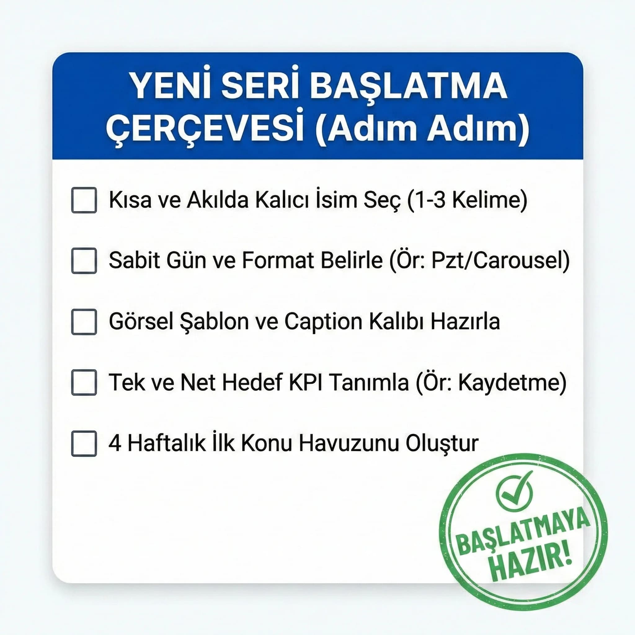 Seri başlatma checklist kartı, isim şablon KPI