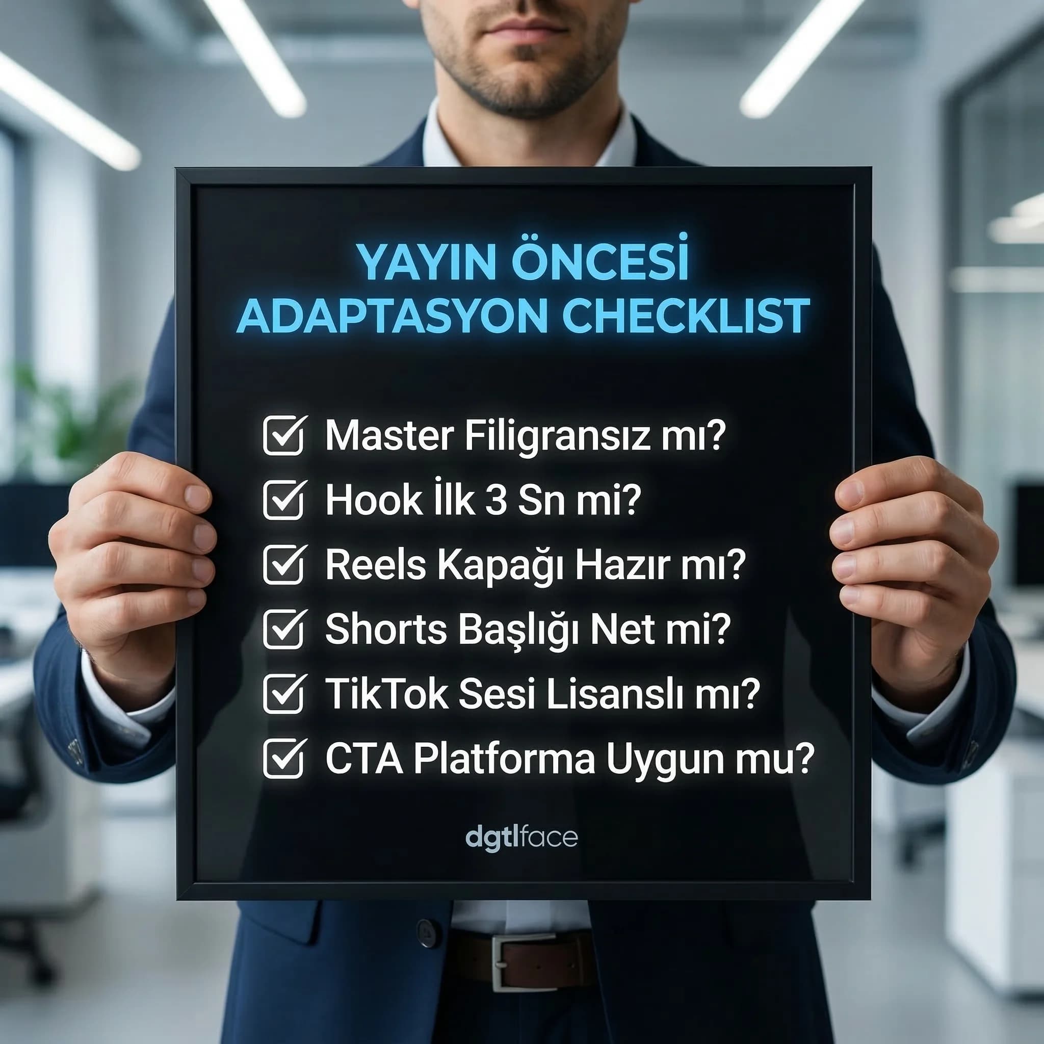 Tek video → üç kanal checklist kartı