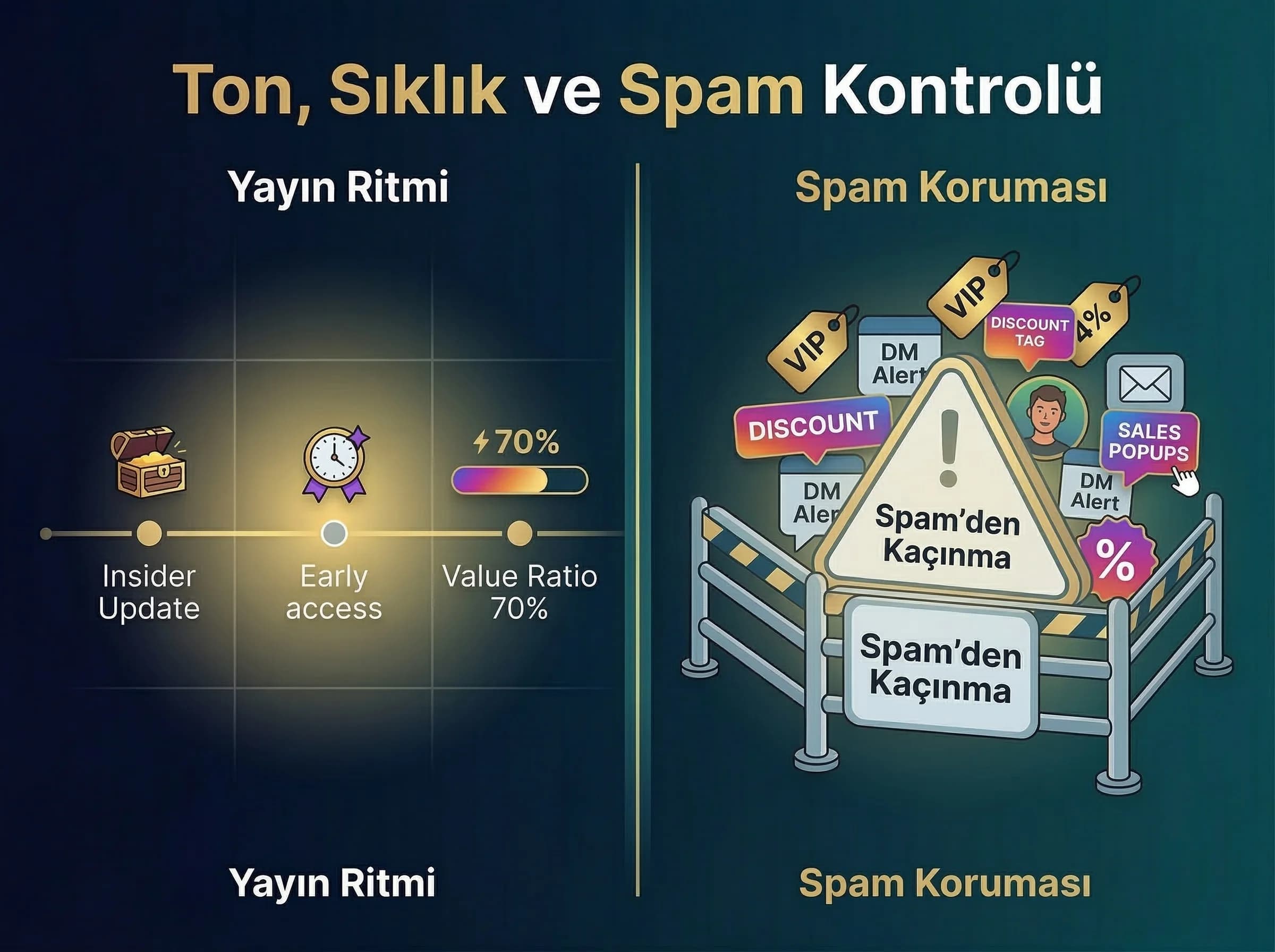 Ton ve sıklık, spam guardrails, topluluk yönetimi