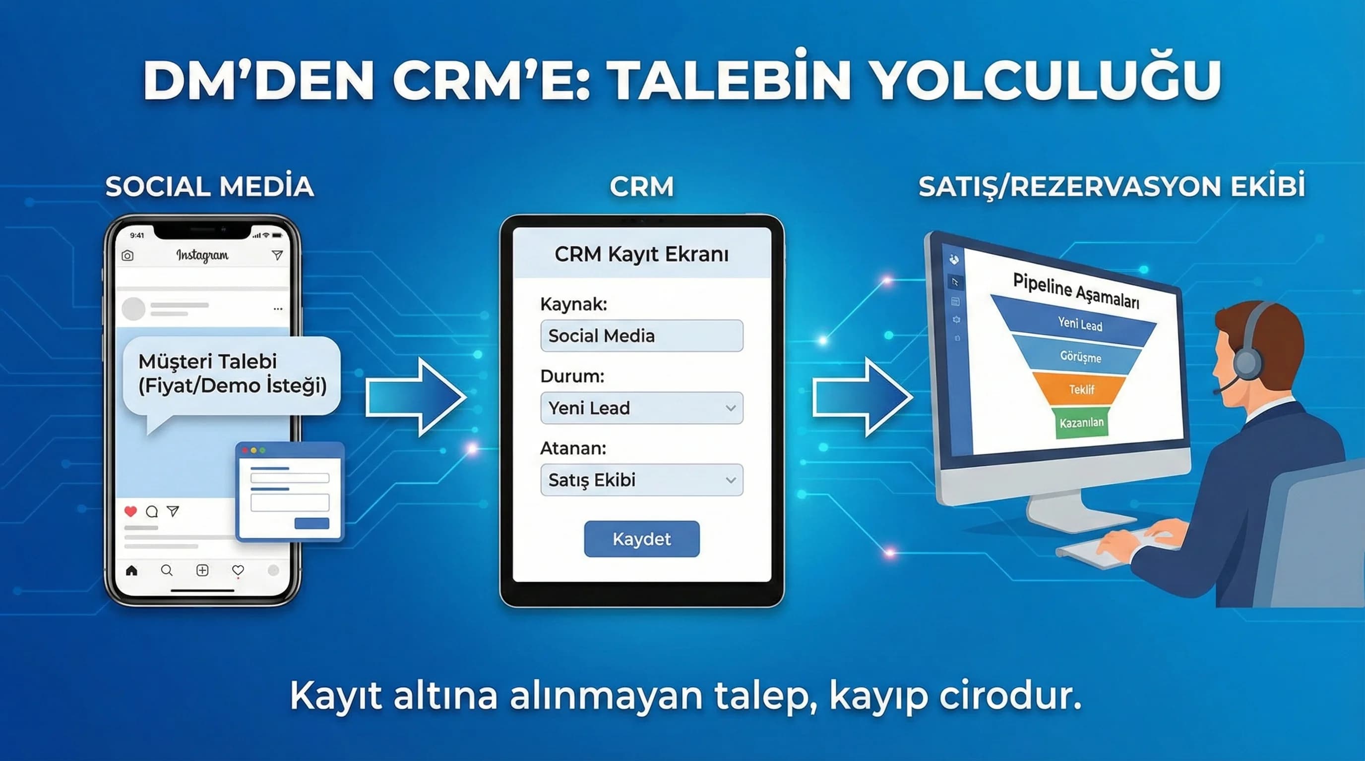 DM WhatsApp web form taleplerinin CRM ve satışa aktarım akışını özetleyen context görseli