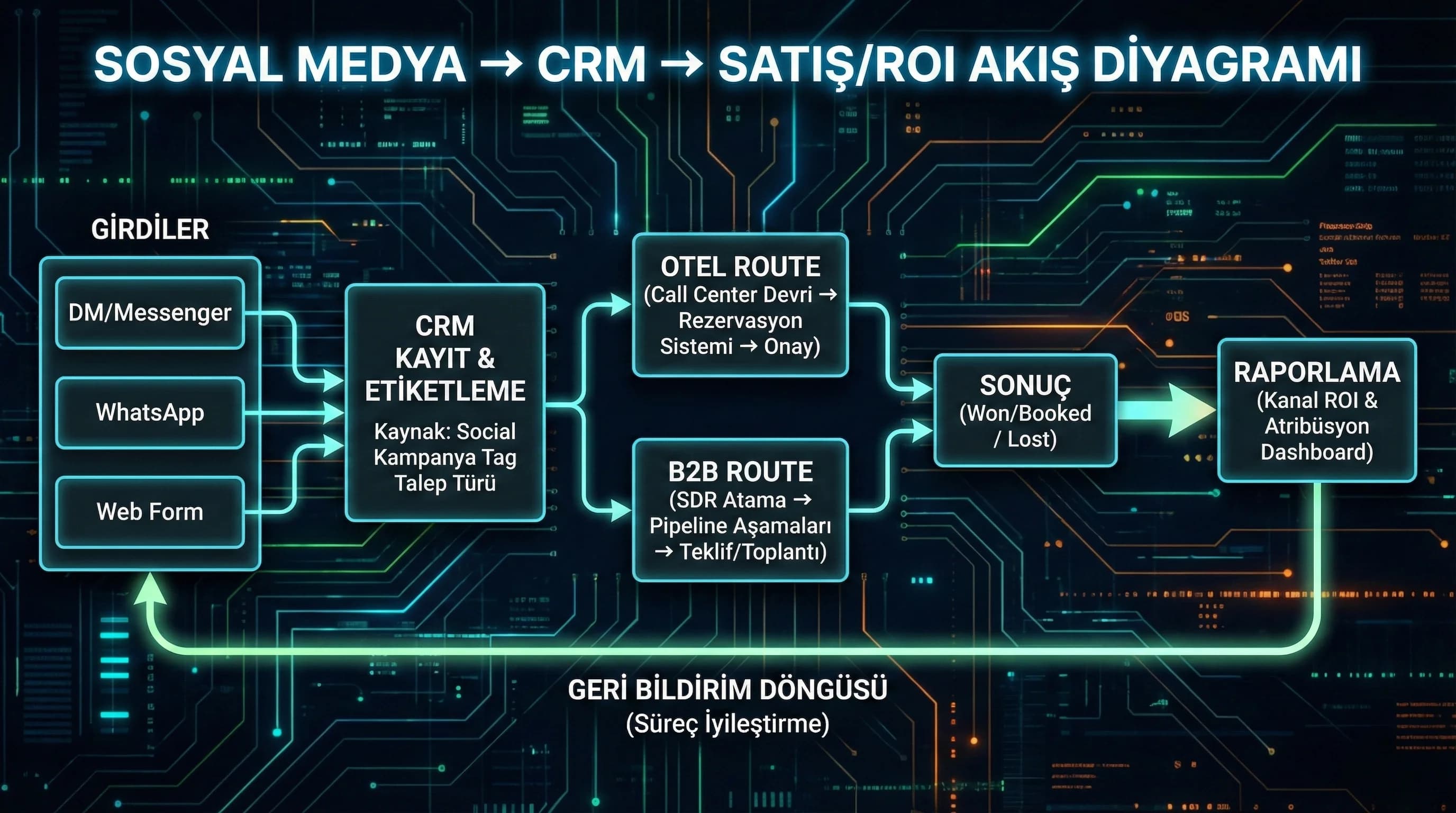 Sosyal medya→CRM/rezervasyon→satış funnel akışını gösteren diyagram