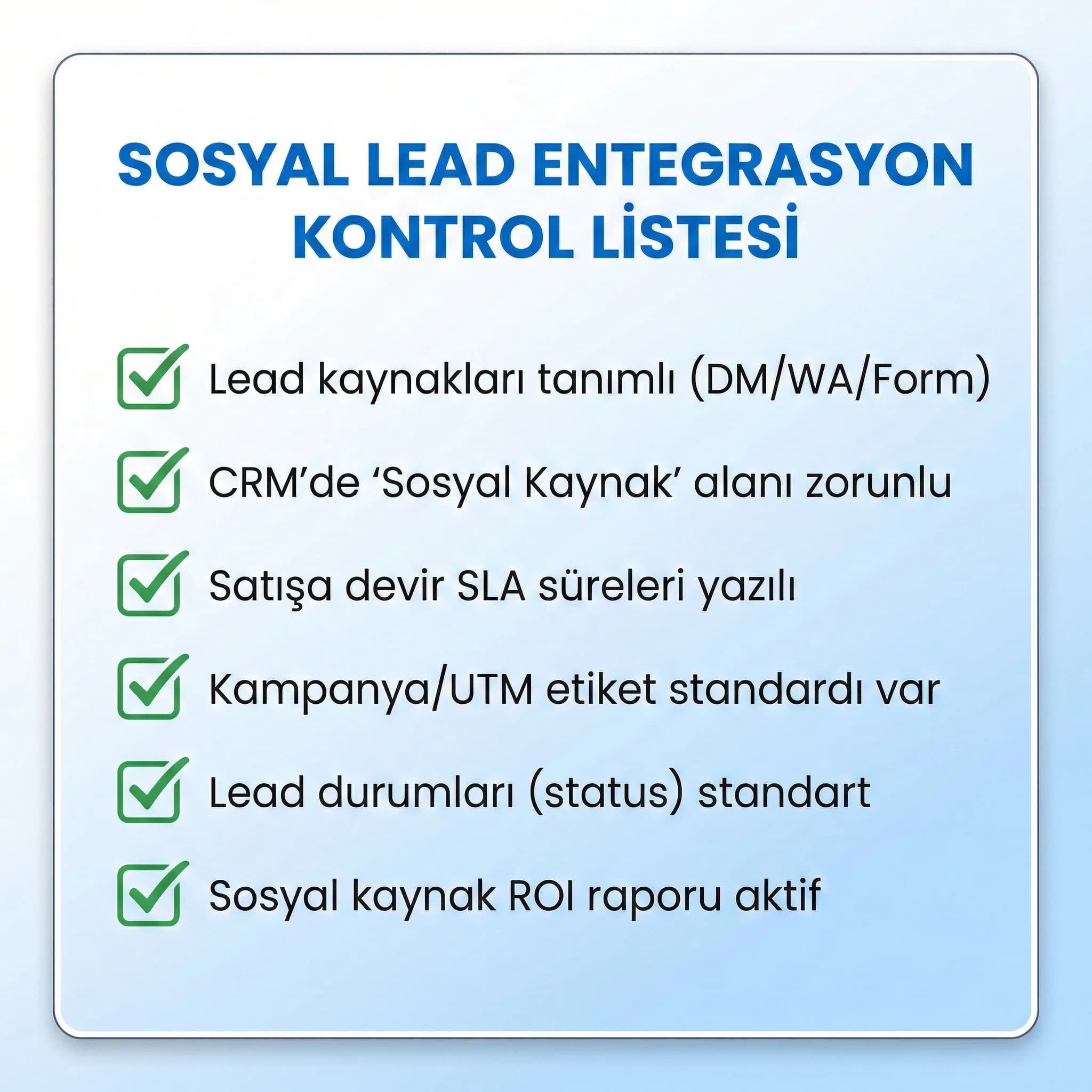 Sosyal medya lead entegrasyonu checklist’ini süreç adımlarıyla özetleyen kart görseli