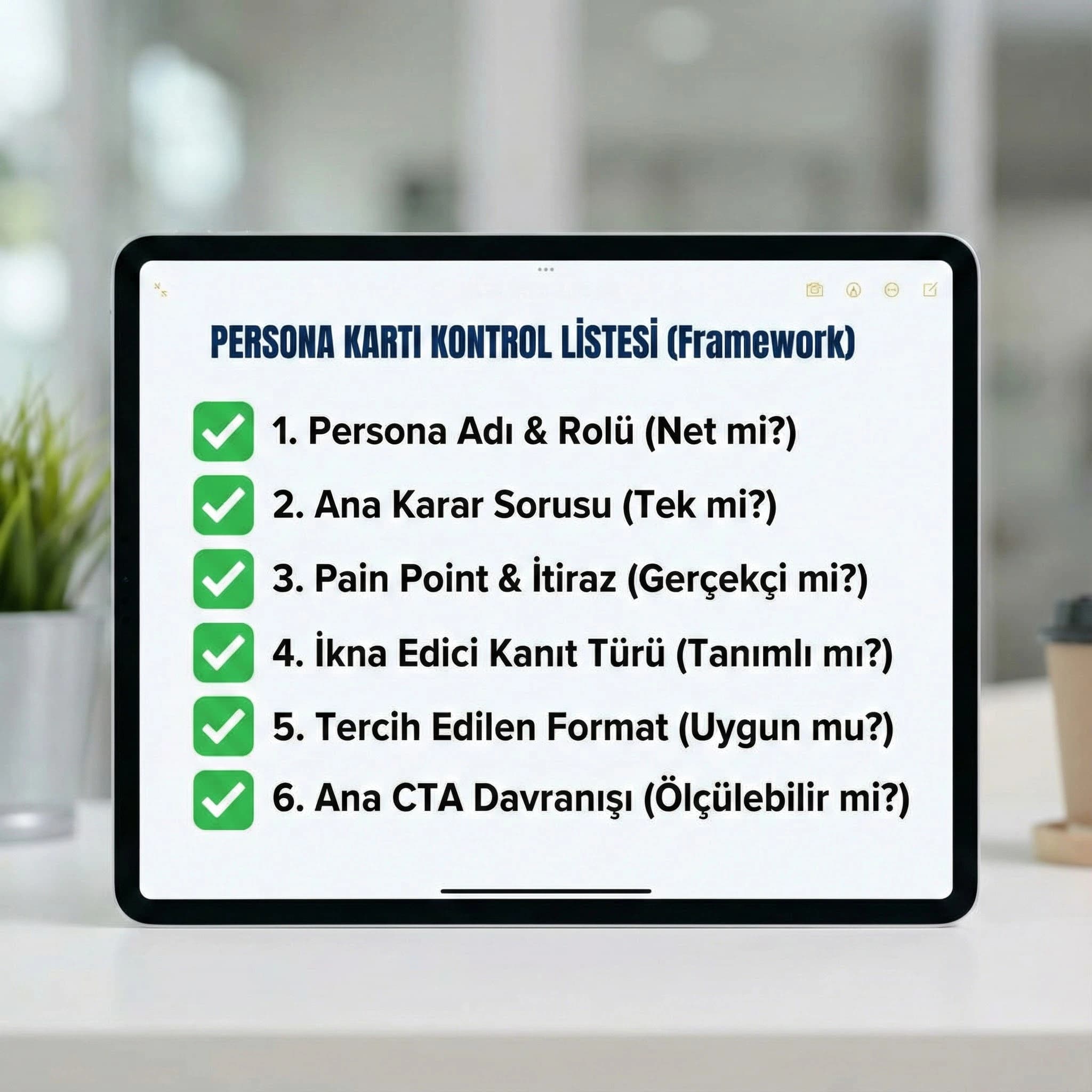 Persona kartı alanlarını uygulanabilir checklist olarak özetleyen sosyal medya strateji kartı