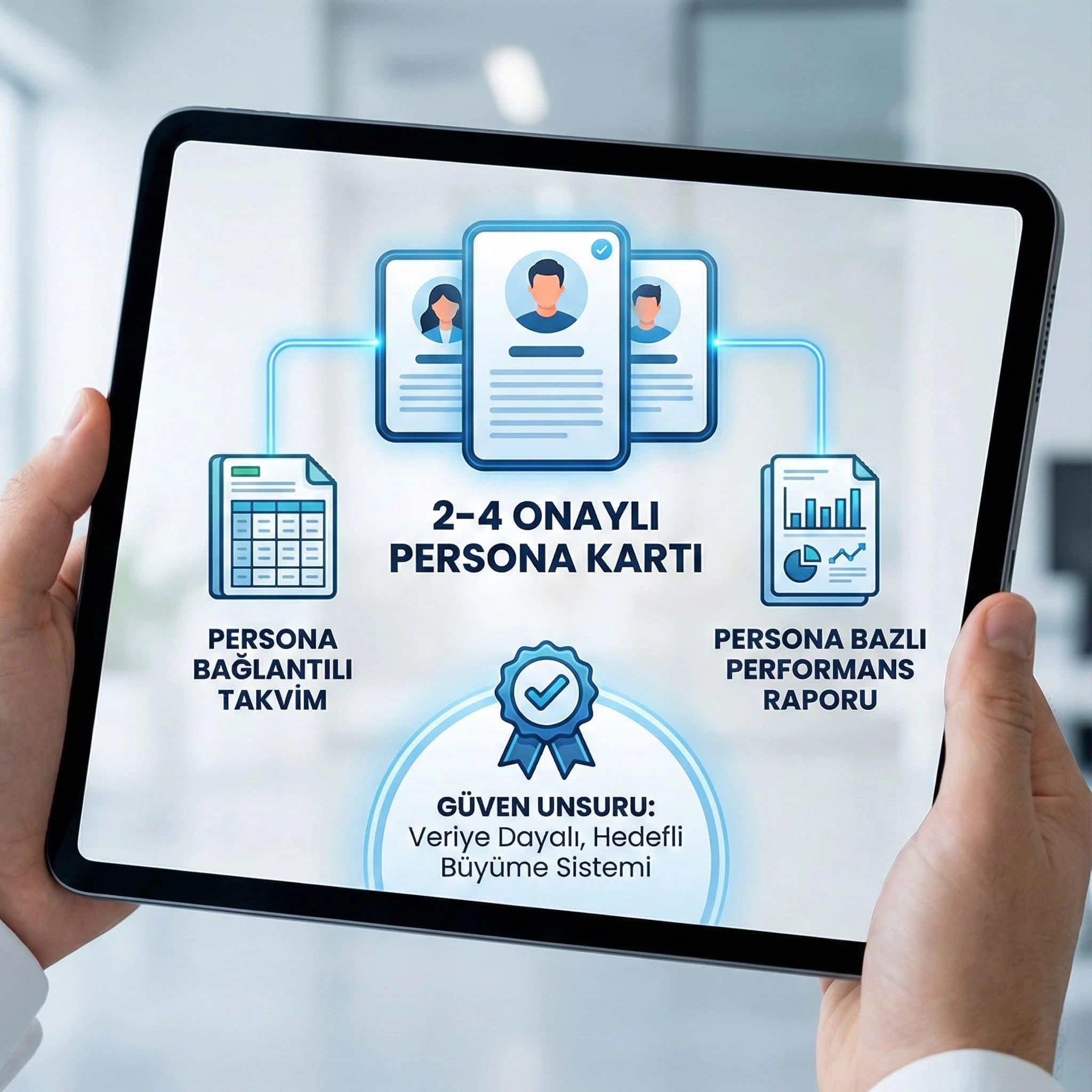 Persona kartları ve takvim eşleşmesi çıktılarıyla güven unsurlarını özetleyen proof görseli