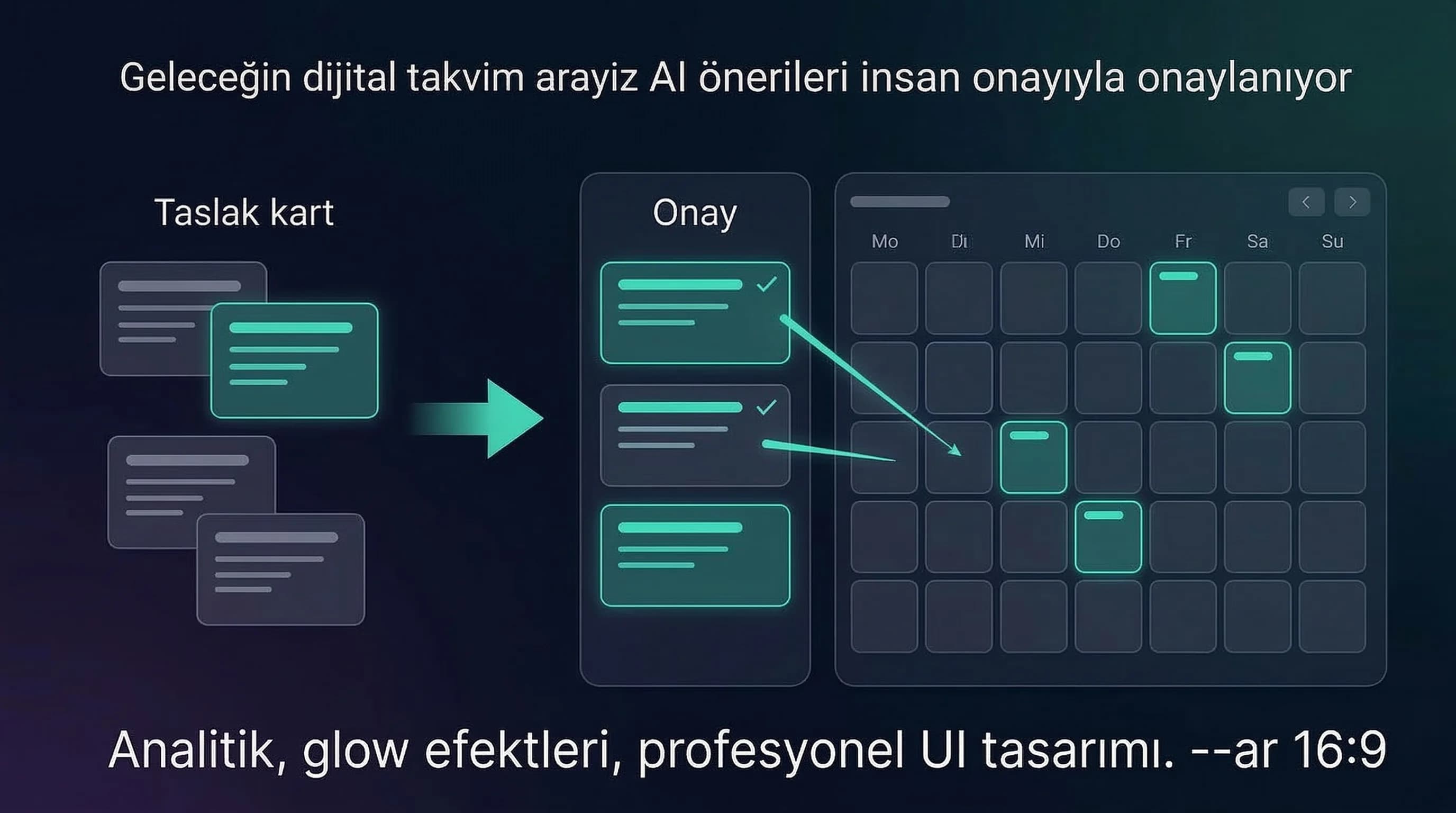 AI öneri ve insan karar akışını içerik takvimi üzerinde özetleyen görsel