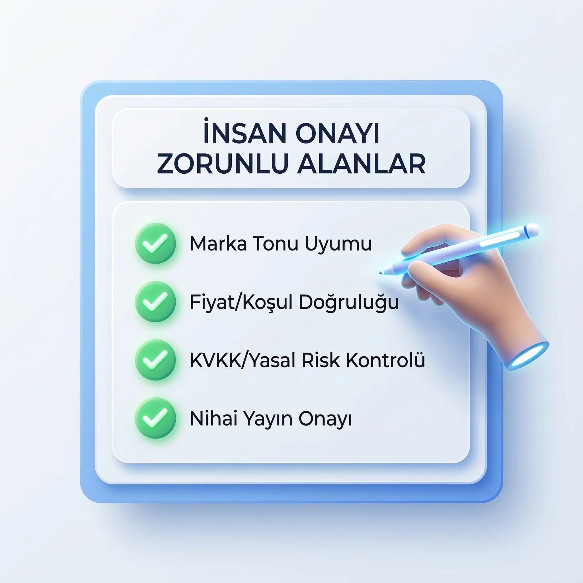 AI planlarında insan onayı gereken alanları hızlı kontrol eden checklist kartı