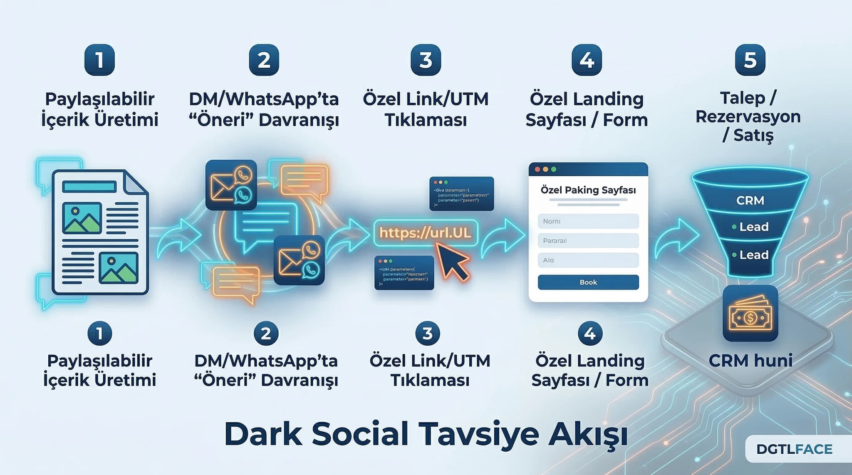 DM ve WhatsApp paylaşım akışını ve özel landing/UTM bağlantısını gösteren diyagram
