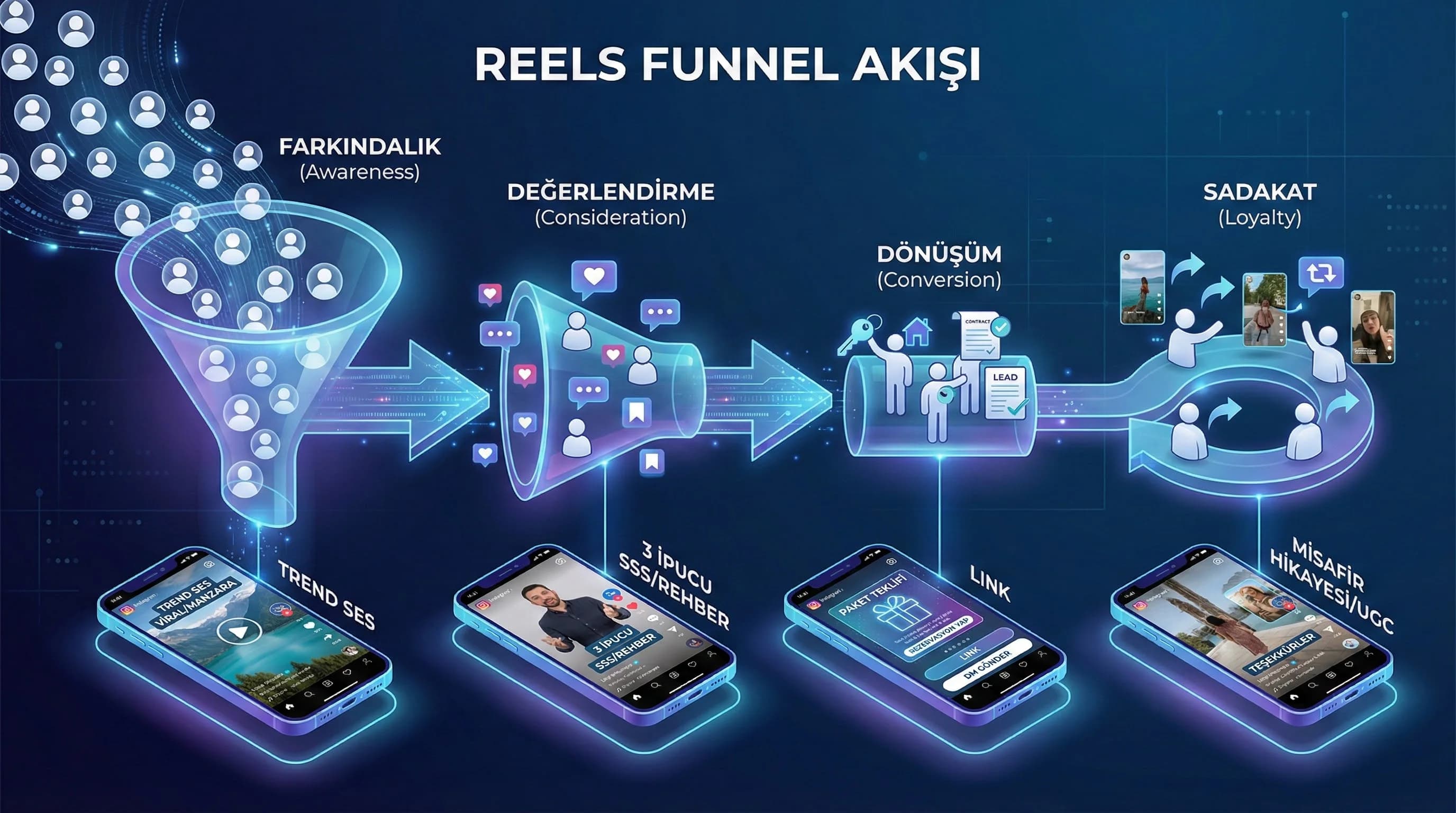 Awareness’ten conversion’a reels funnel akışını anlatan diyagram