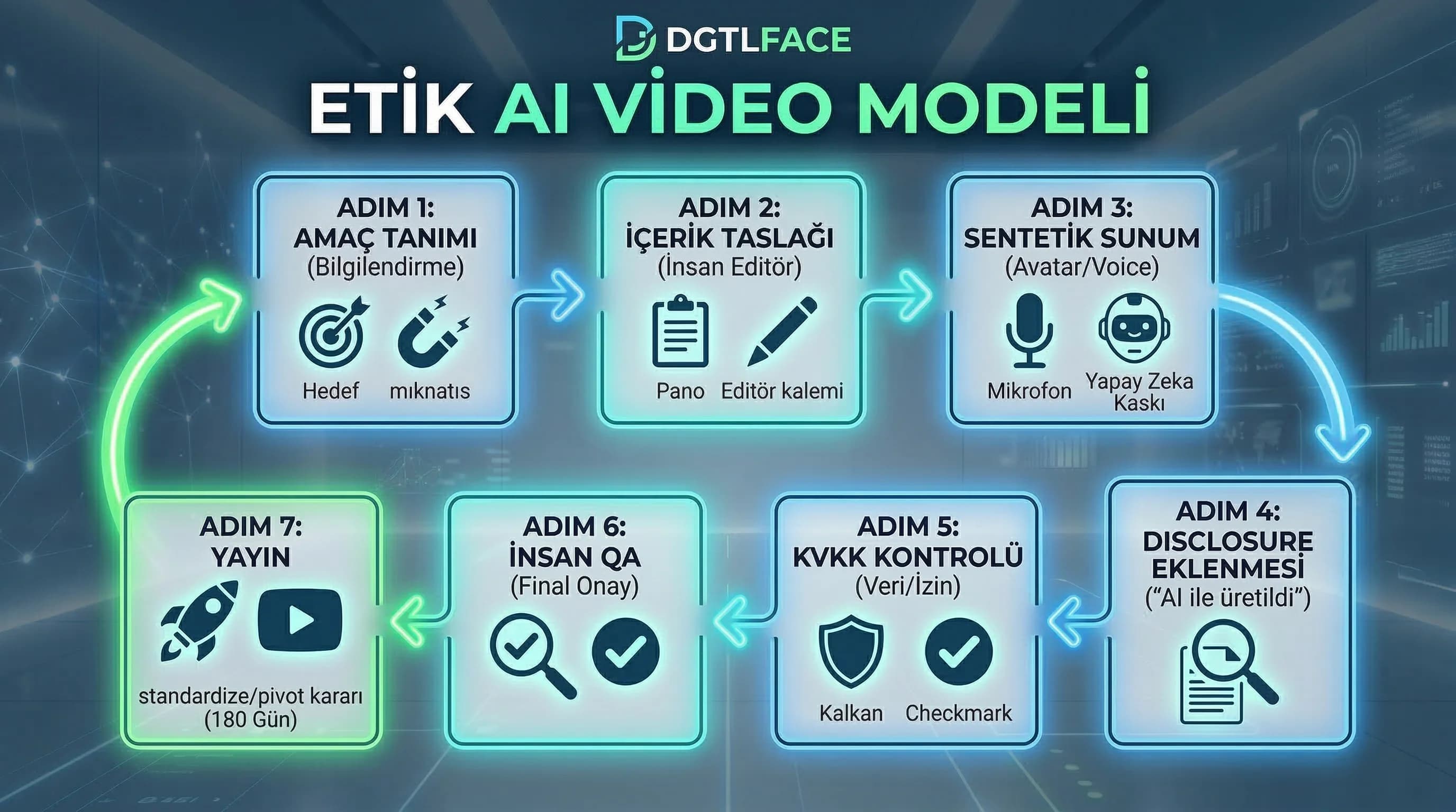 Etik AI video modeli akış diyagramı (disclosure + KVKK + QA)