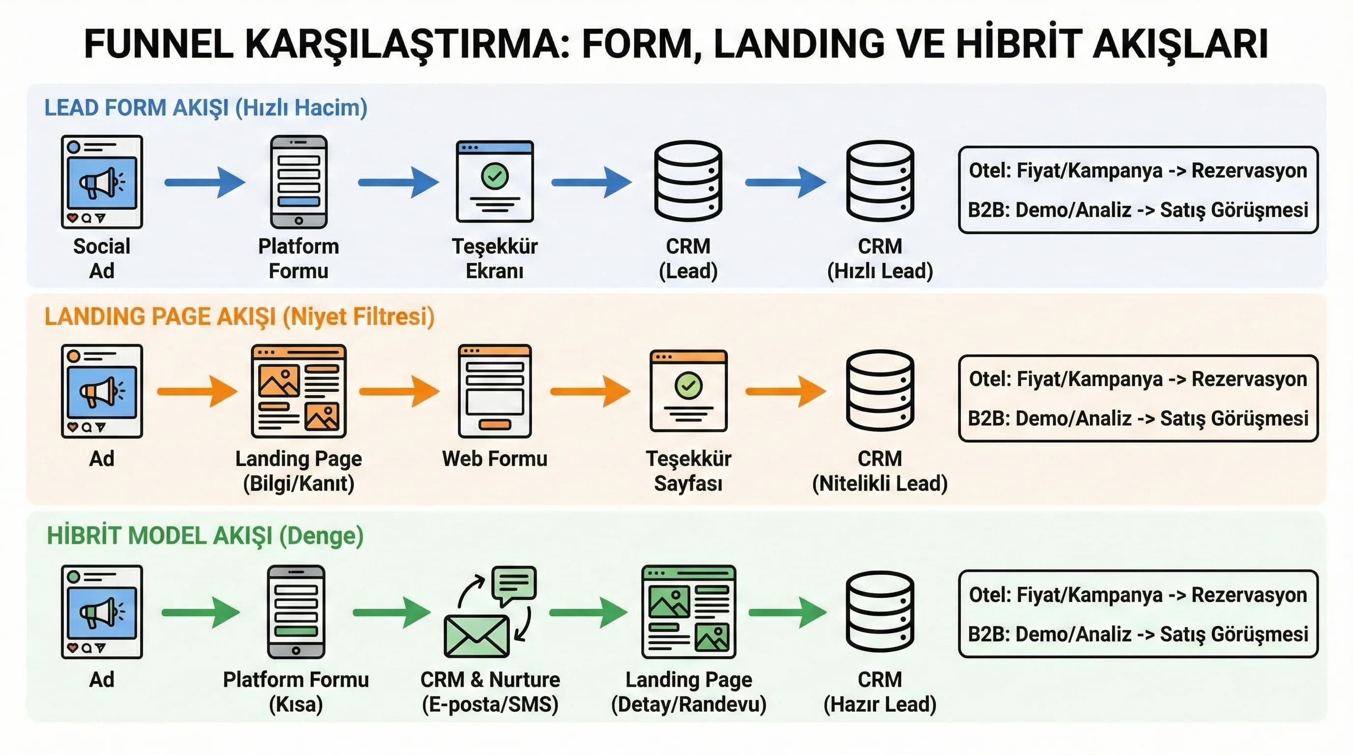 Lead form ve landing funnel karşılaştırma diyagramı, hibrit akış modeli
