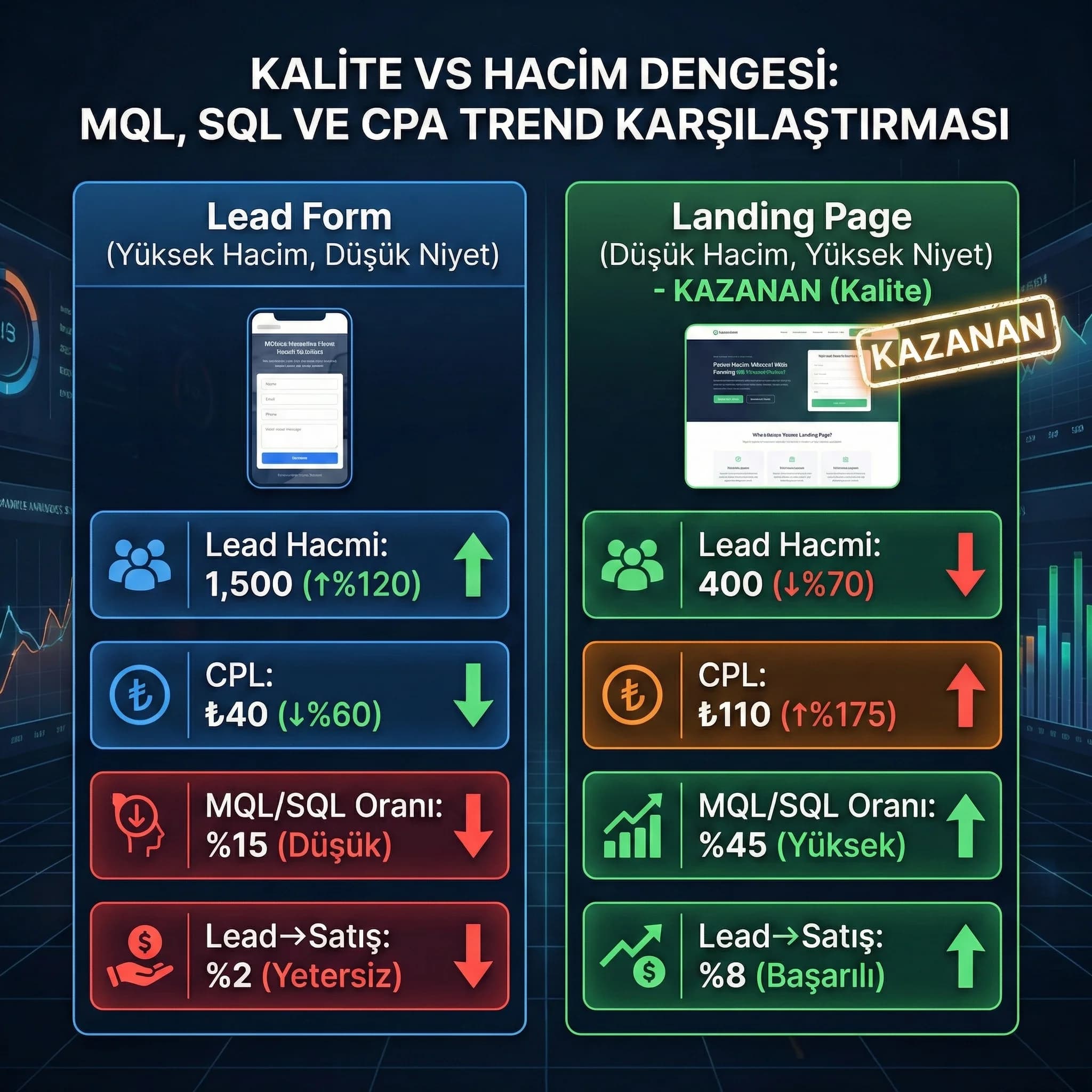 Lead kalitesi ve hacmi KPI paneli, MQL SQL ve CPA trend kartı
