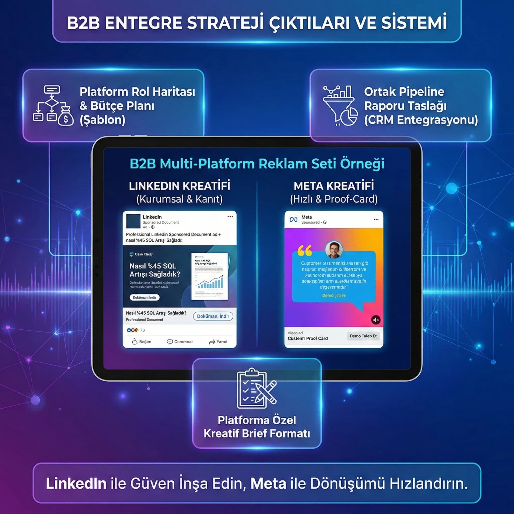 Platform bazlı kreatif ton farkı ve deliverables, B2B reklam seti kanıt kartı