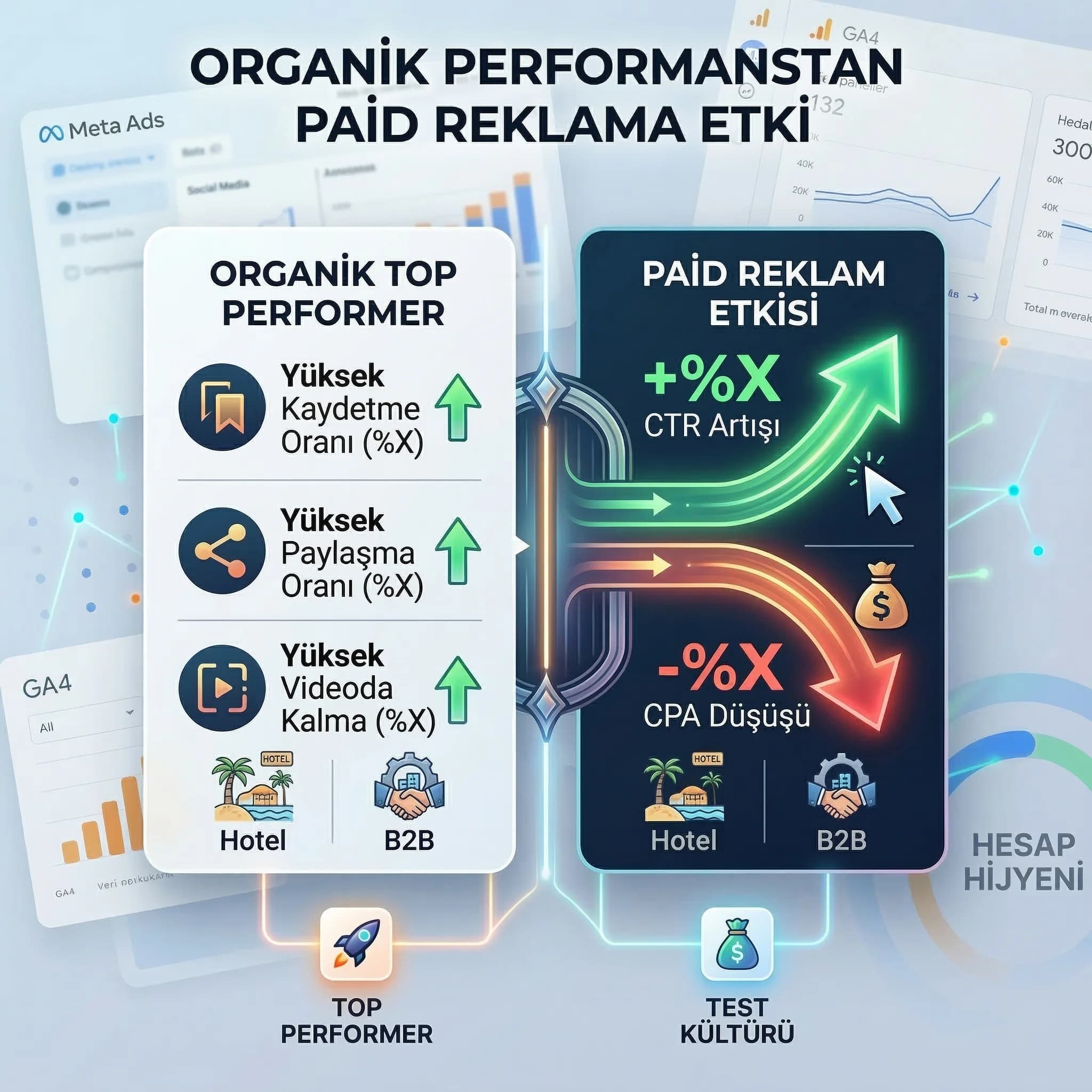 Organik performans ve paid KPI paneli + CTR CPA etkisi + raporlama bağlamı