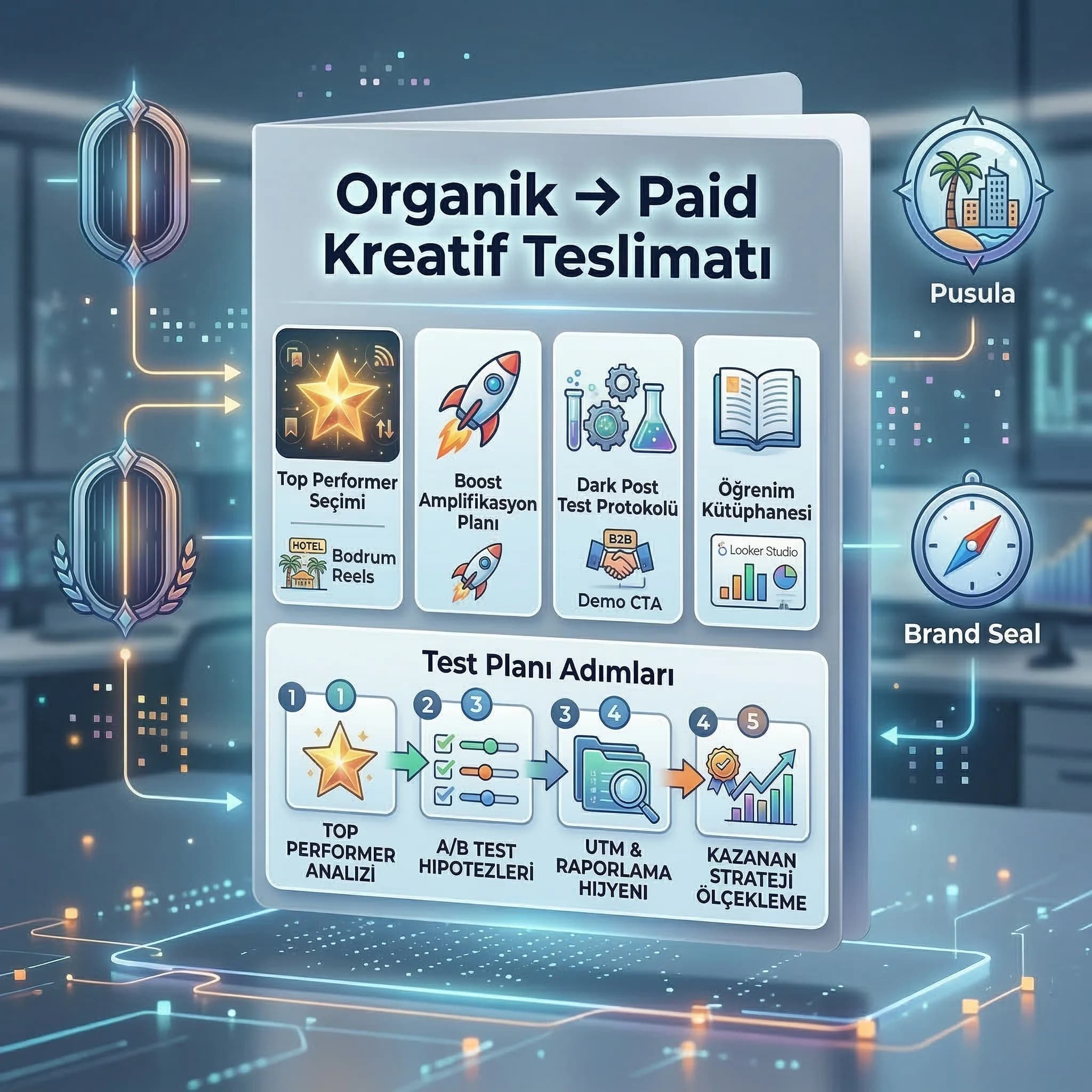 Organik→paid kreatif seti deliverables kartı + test planı + marka bağlamı