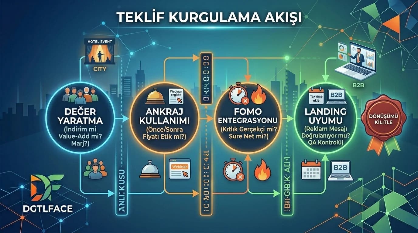 Teklif kurgulama akışı: değer→ankraj→FOMO→landing uyumu diyagramı