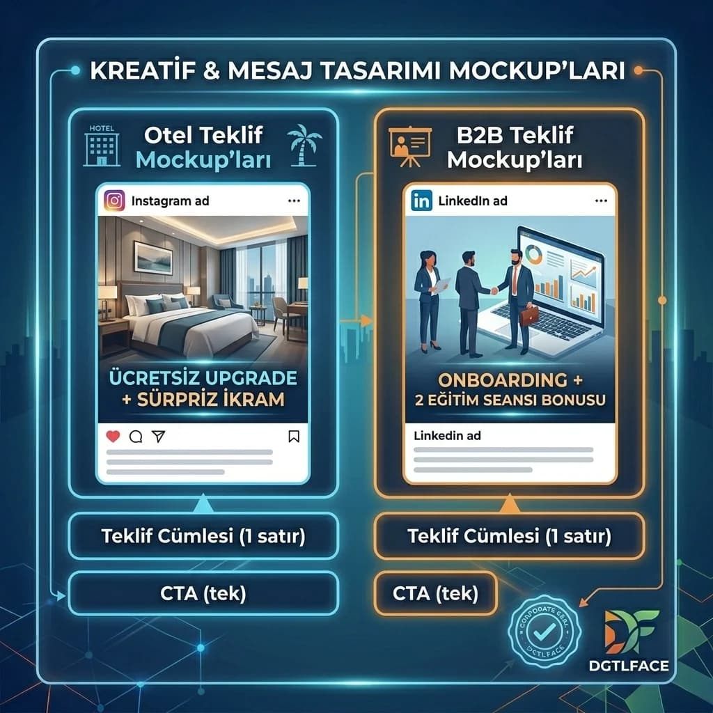 Otel ve B2B teklif kreatif mockup’ları + örnek mesaj setleri kartı