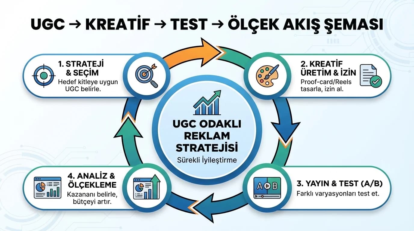 UGC izin kreatif test ölçek akış diyagramı, reklam optimizasyonu