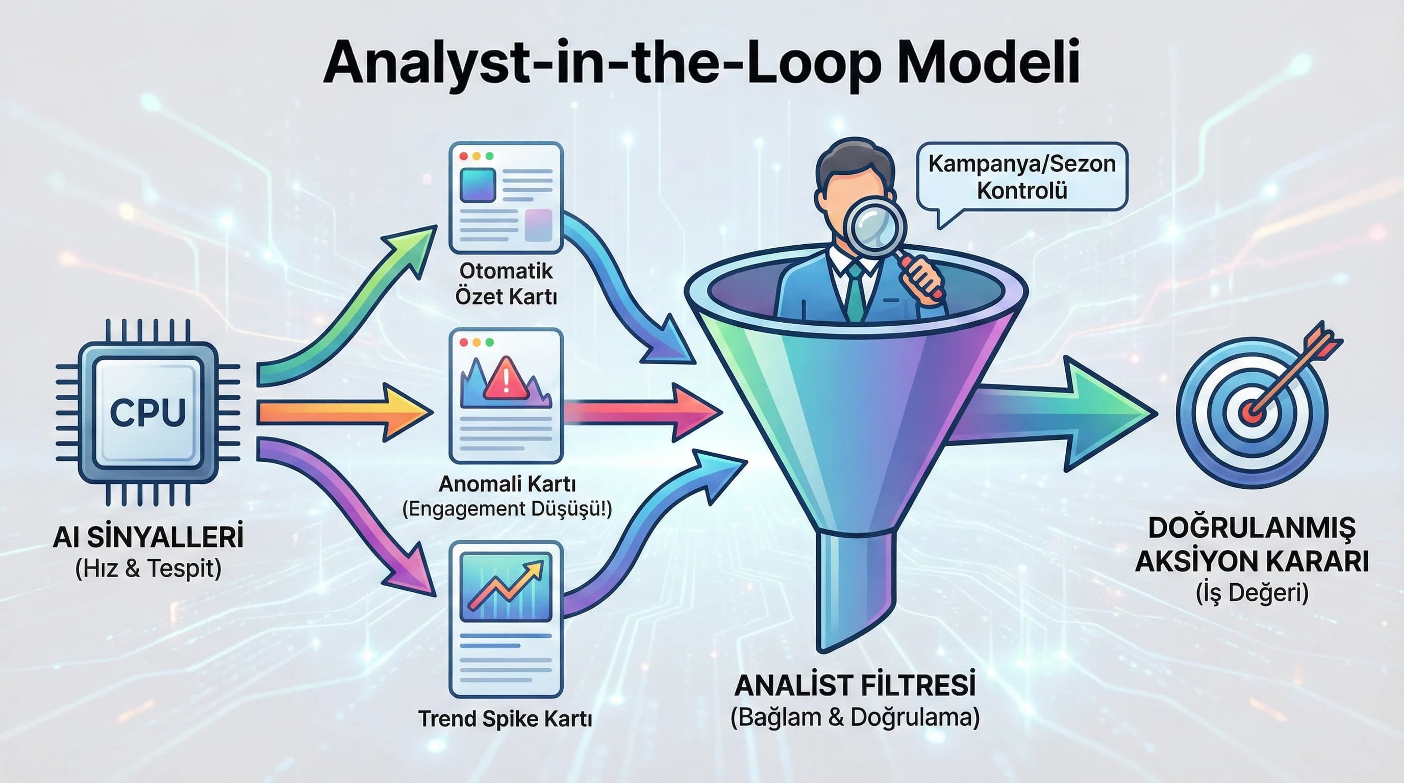 Otomatik özetler ve anomali sinyalleri, analist-in-the-loop yaklaşımı, rapor ekranı