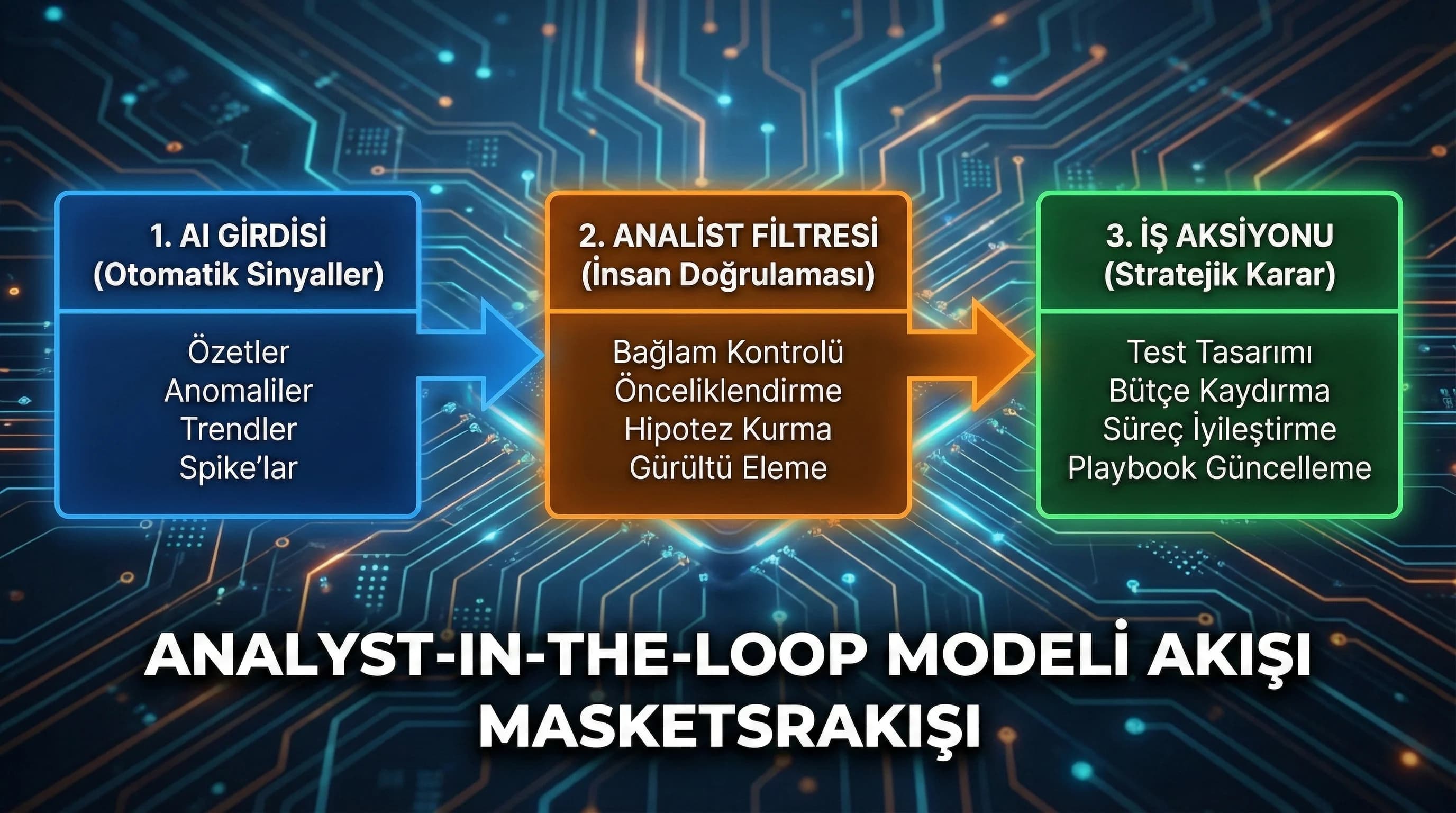 AI önerisi insan kararı akışı, analyst-in-the-loop modeli, aksiyon planı