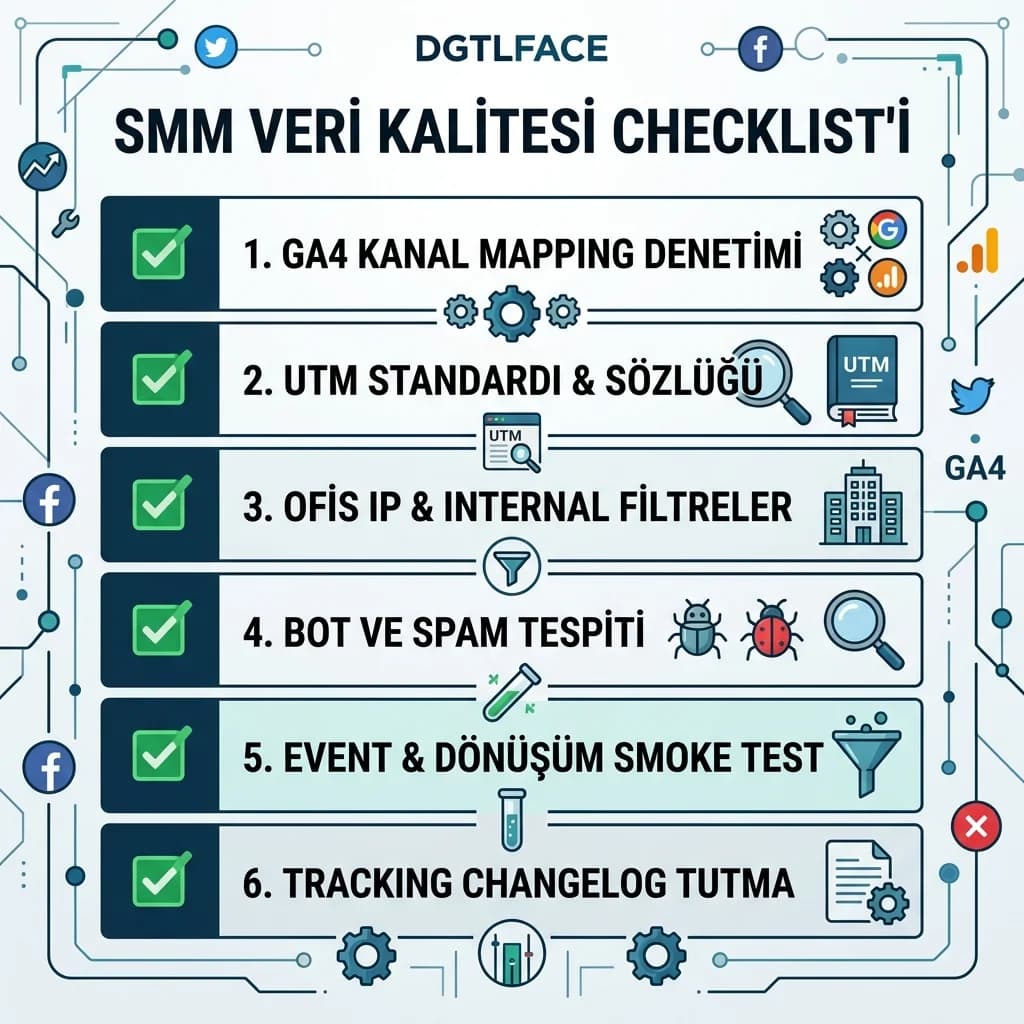 SMM veri kalitesi checklist’i, GA4 kanal ataması ve UTM kontrolü, rapor hijyeni