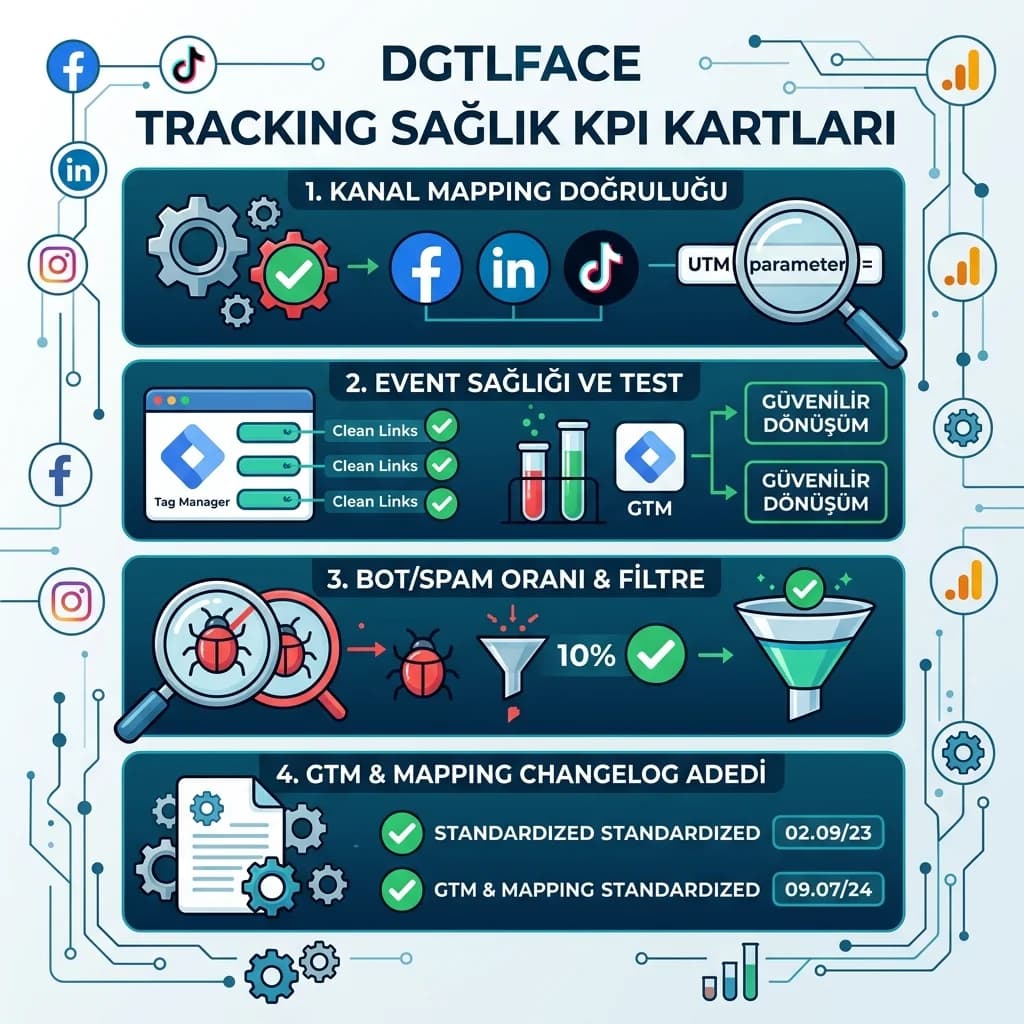 Tracking sağlık KPI kartları, event ve dönüşüm kontrolü, otel ve B2B raporlama
