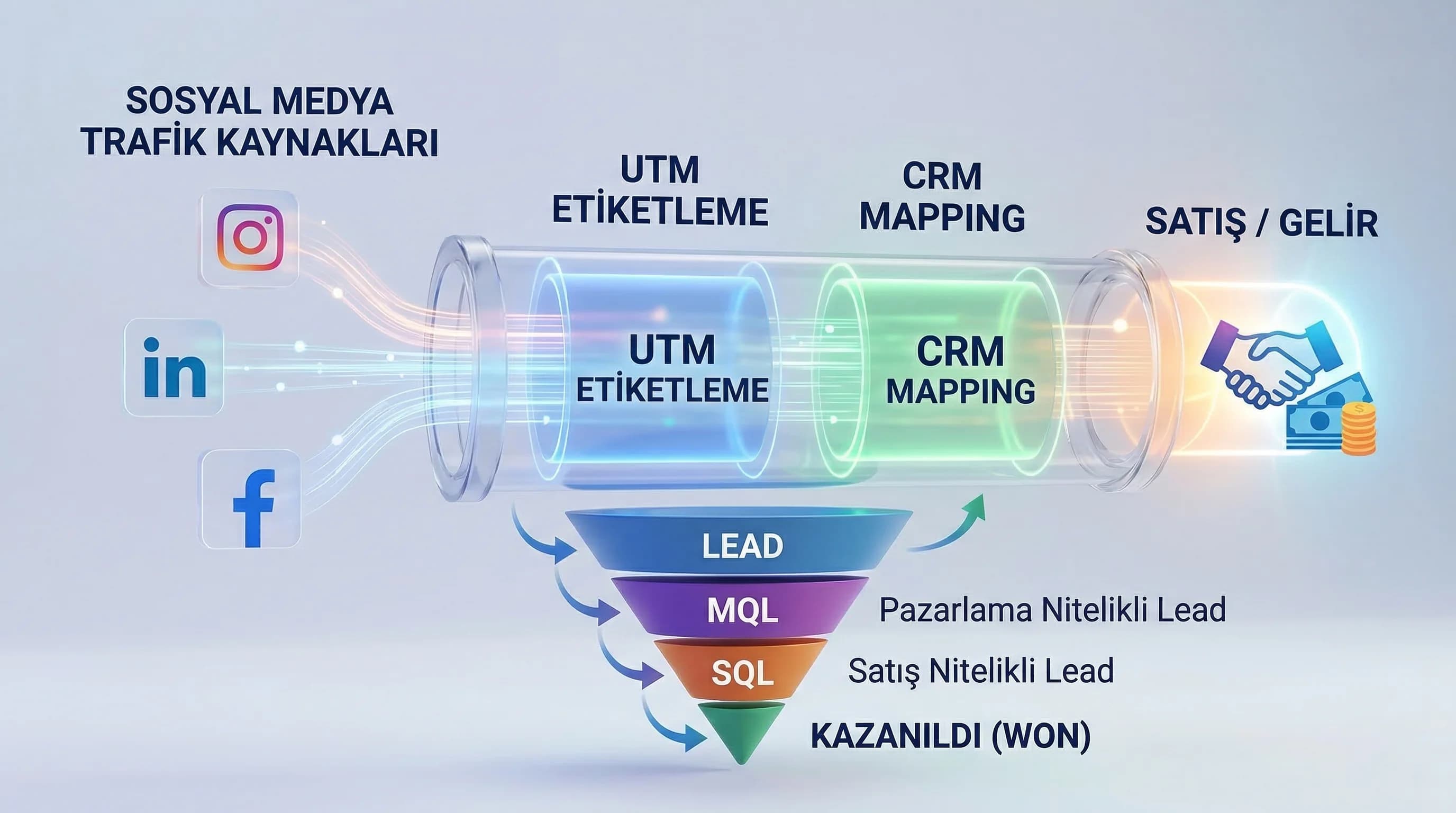 Sosyal medya CRM satış akışı, kaynak ve kampanya etiketleme, gelir raporu çerçevesi