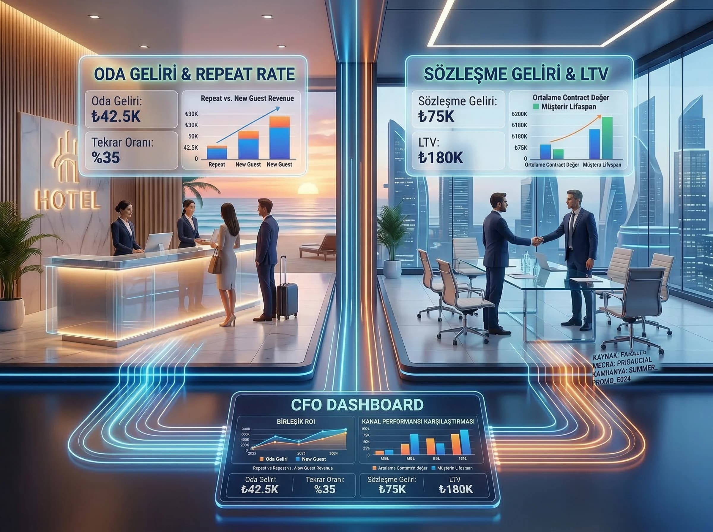 Otel ve B2B gelir raporu örnekleri, pipeline ve LTV görünümü, yönetici raporu