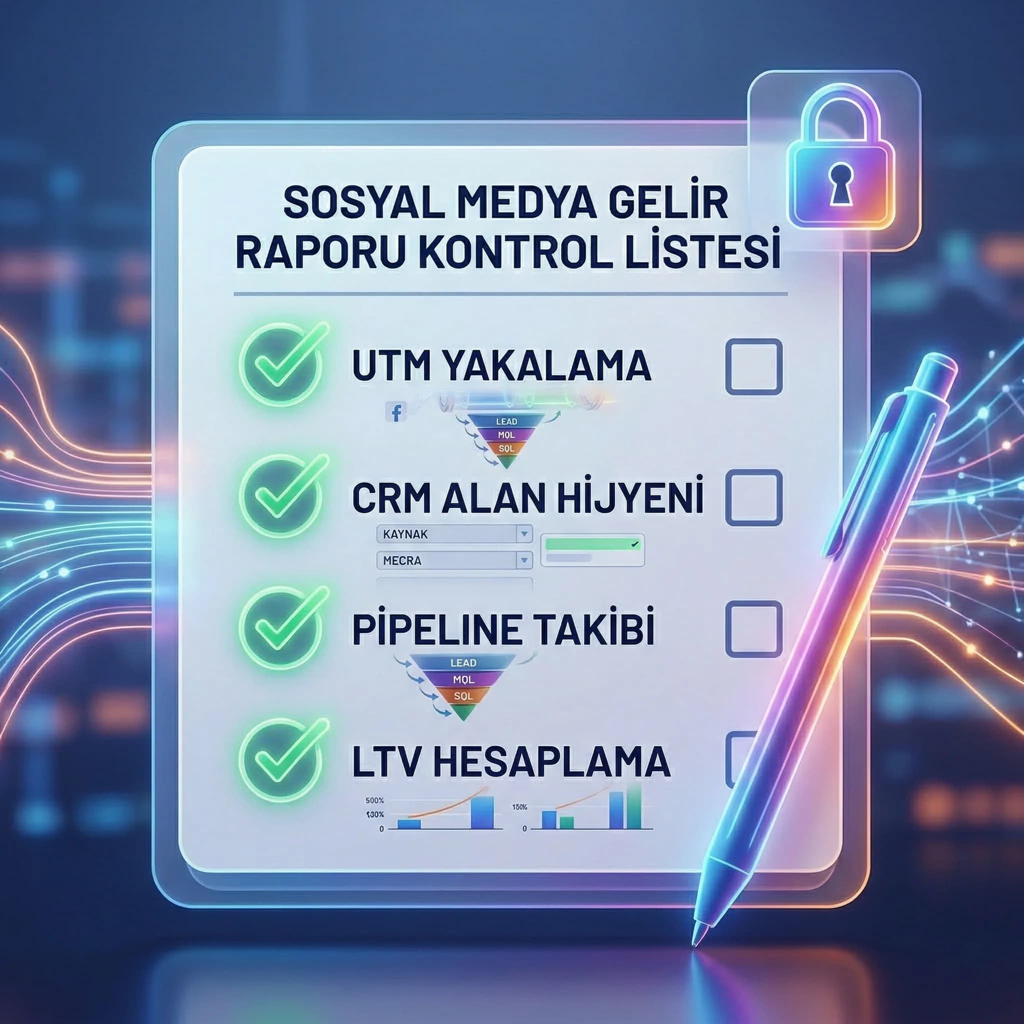 Sosyal medya CRM satış funnel diyagramı, lead MQL SQL satış akışı, gelir raporu