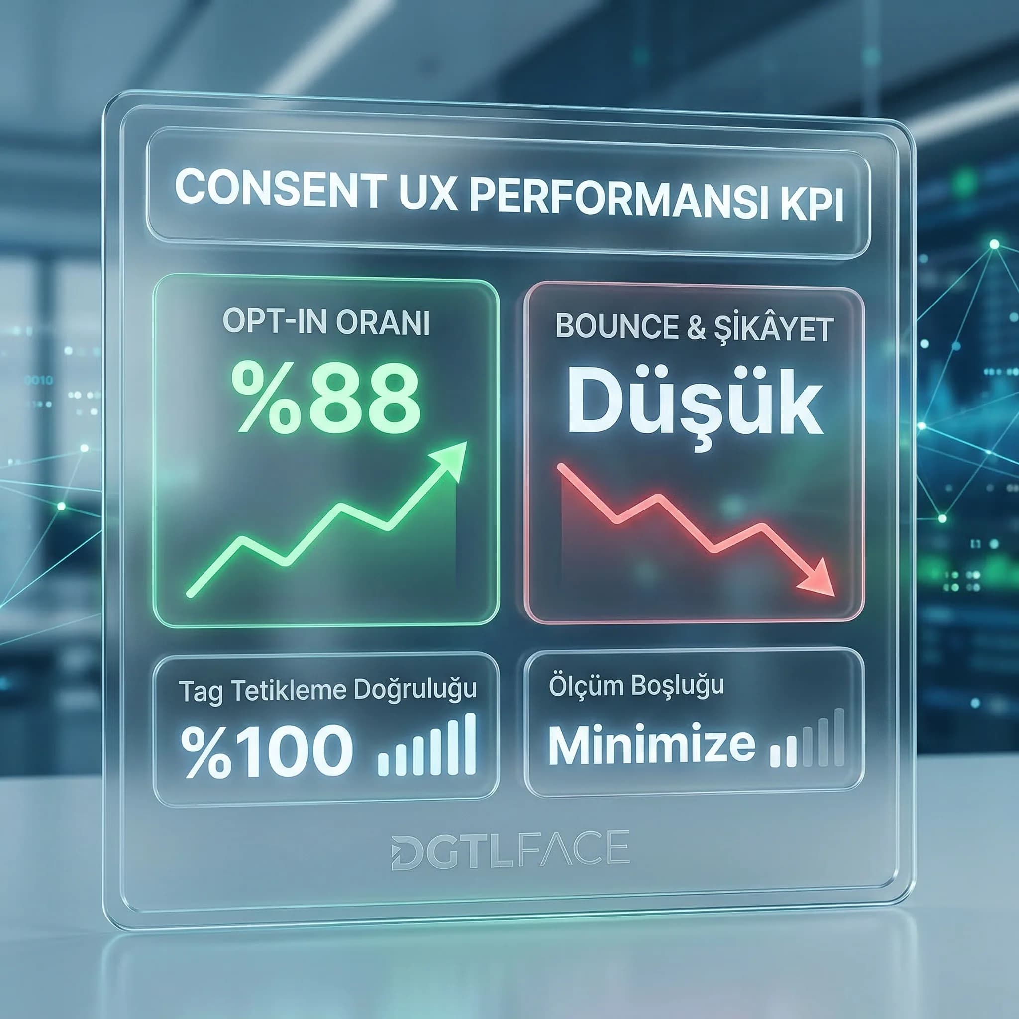 Consent opt-in ve bounce dengesi KPI kartı, otel web deneyiminde güven