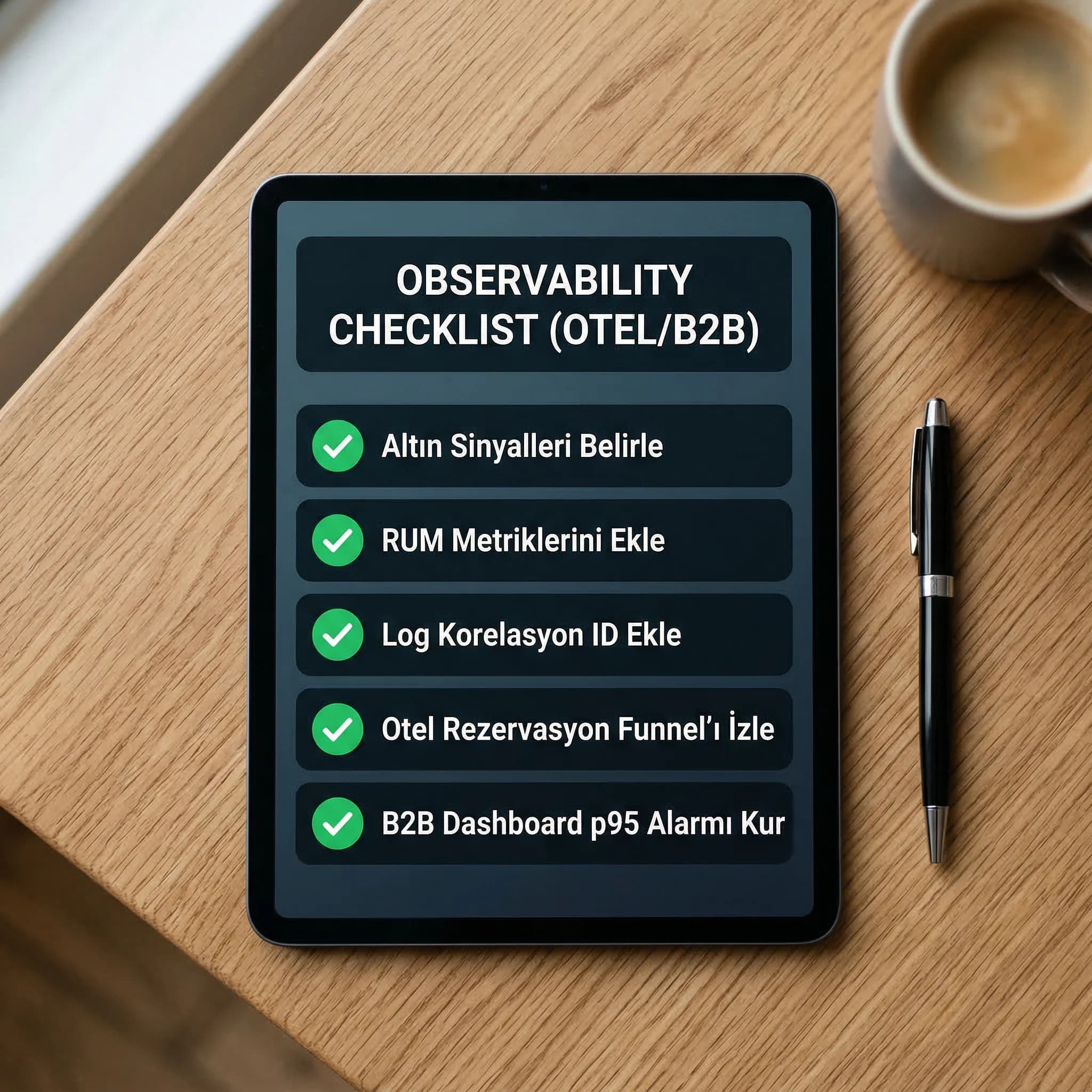 Observability checklist kartı, otel ve B2B’de hızlı incident teşhisi