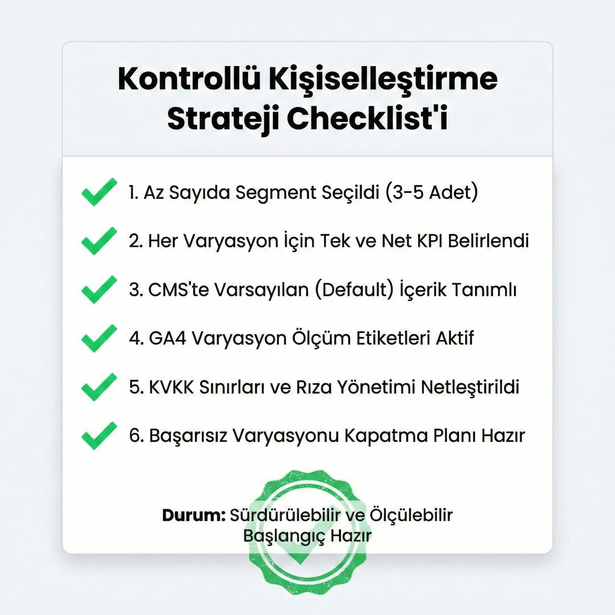 Kişiselleştirme checklist kartı, strateji ve teknik ekip bağlamı