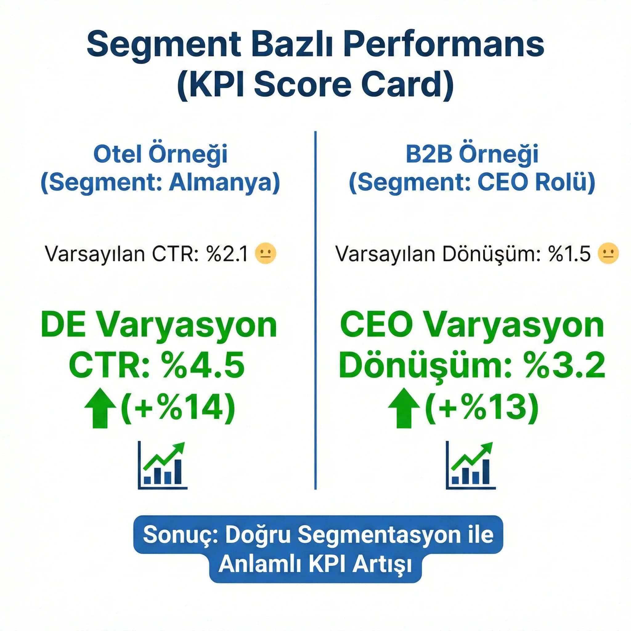 Segment bazlı CTR ve dönüşüm KPI kartı, performans ölçüm bağlamı