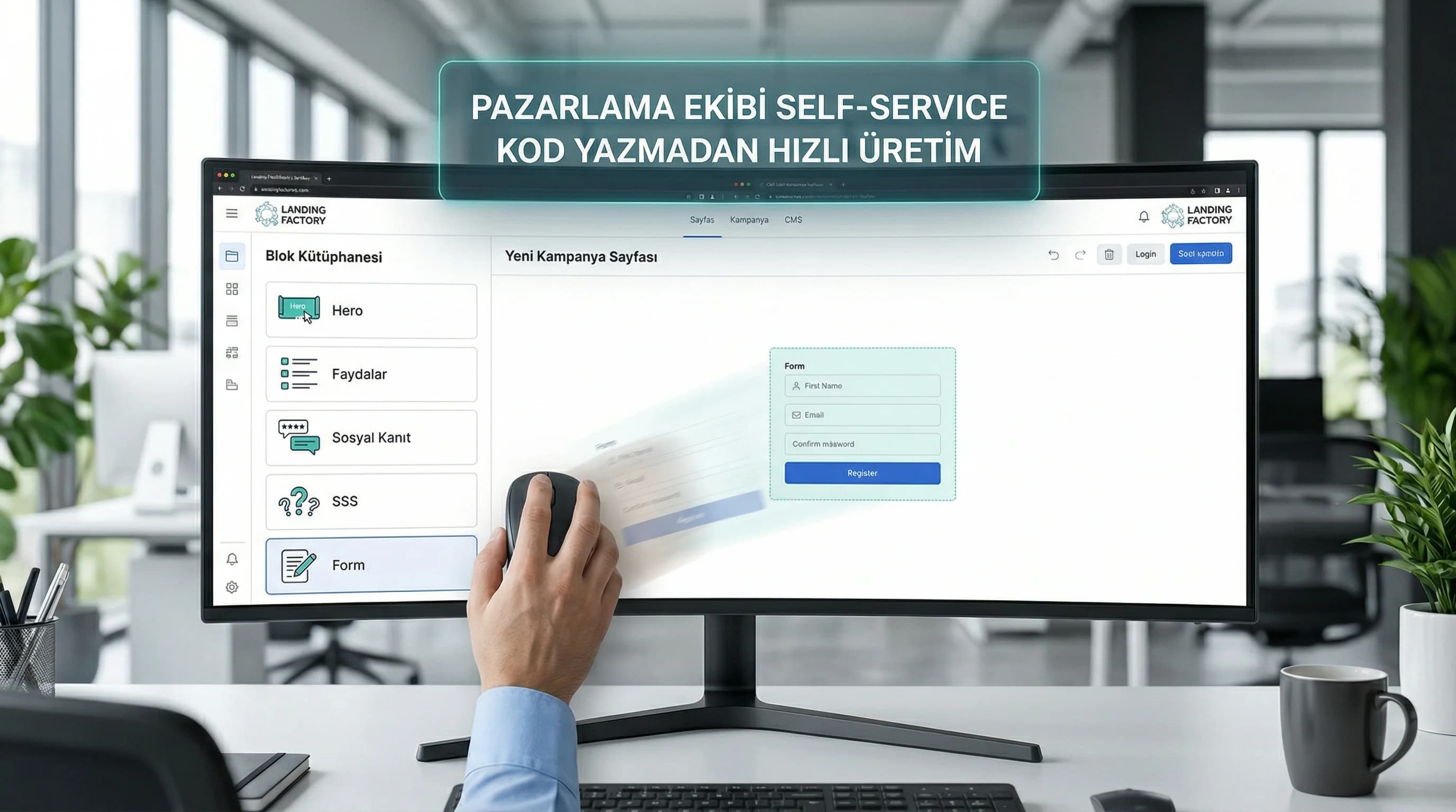Template ve bloklarla landing üretimi özeti, pazarlama self-service bağlamı