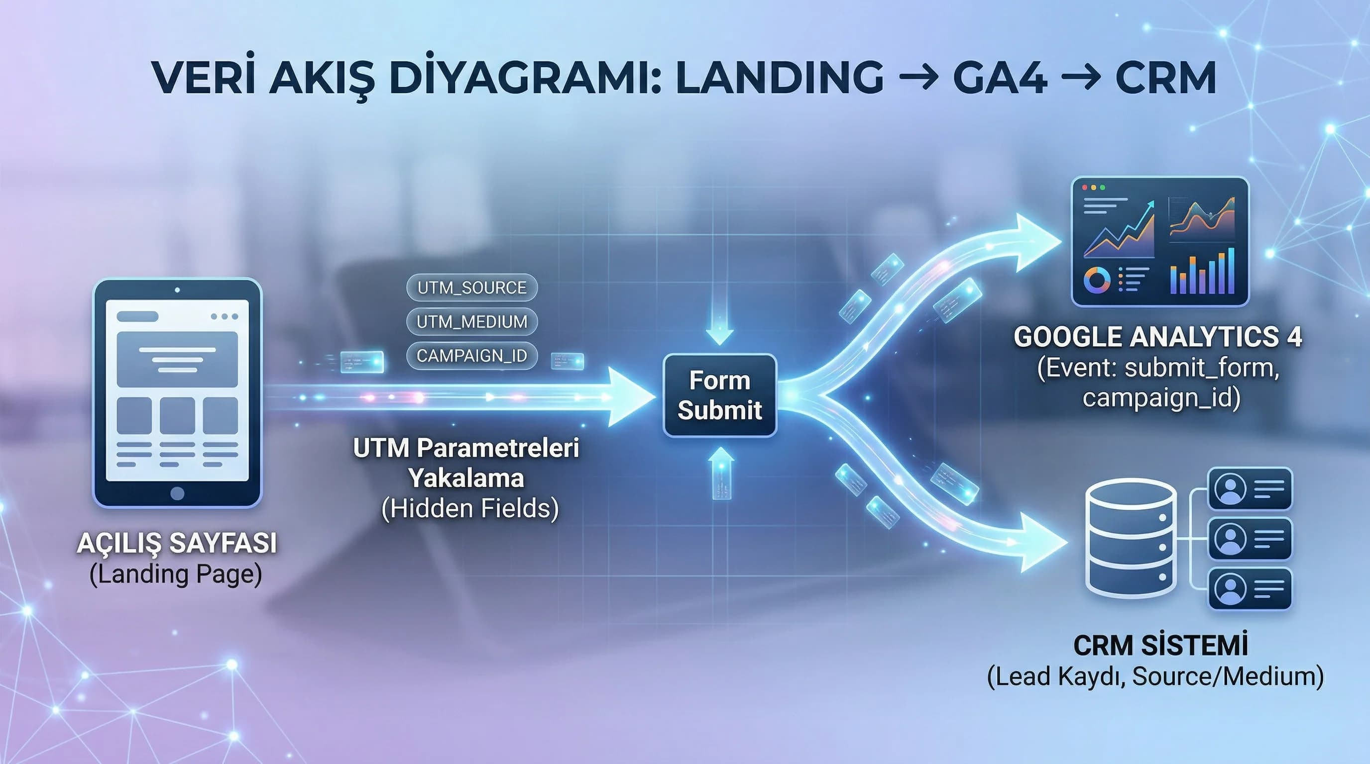 Landing UTM GA4 CRM akış diyagramı, ölçülebilir kampanya bağlamı