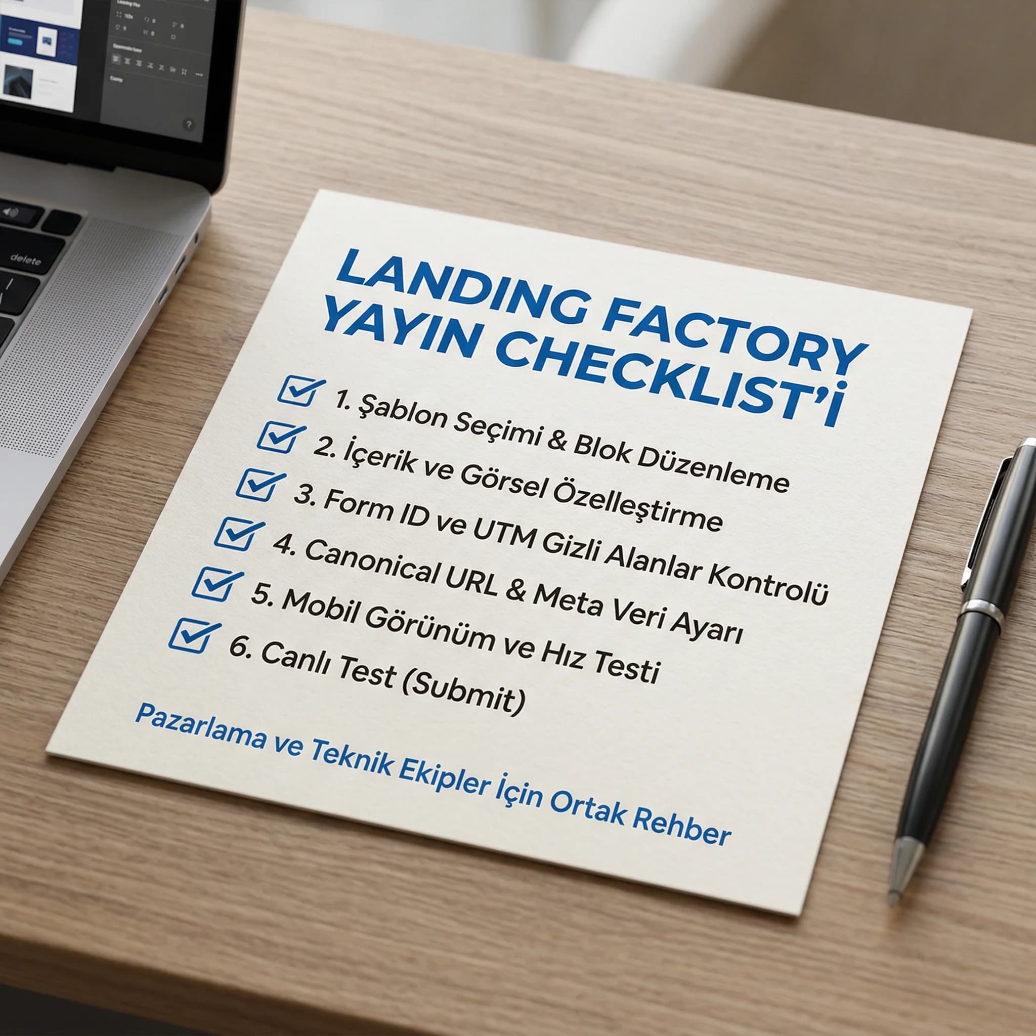 Landing factory checklist kartı, pazarlama ve geliştirme ekipleri bağlamı