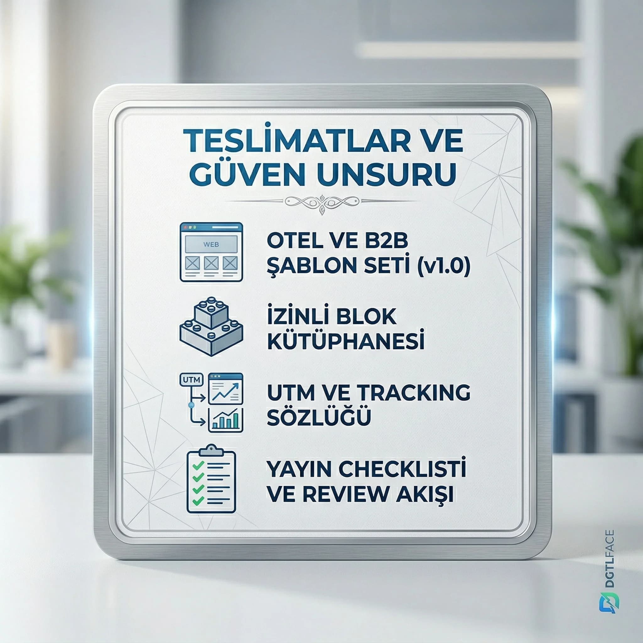Template seti ve tracking deliverables kartı, güven unsuru bağlamı